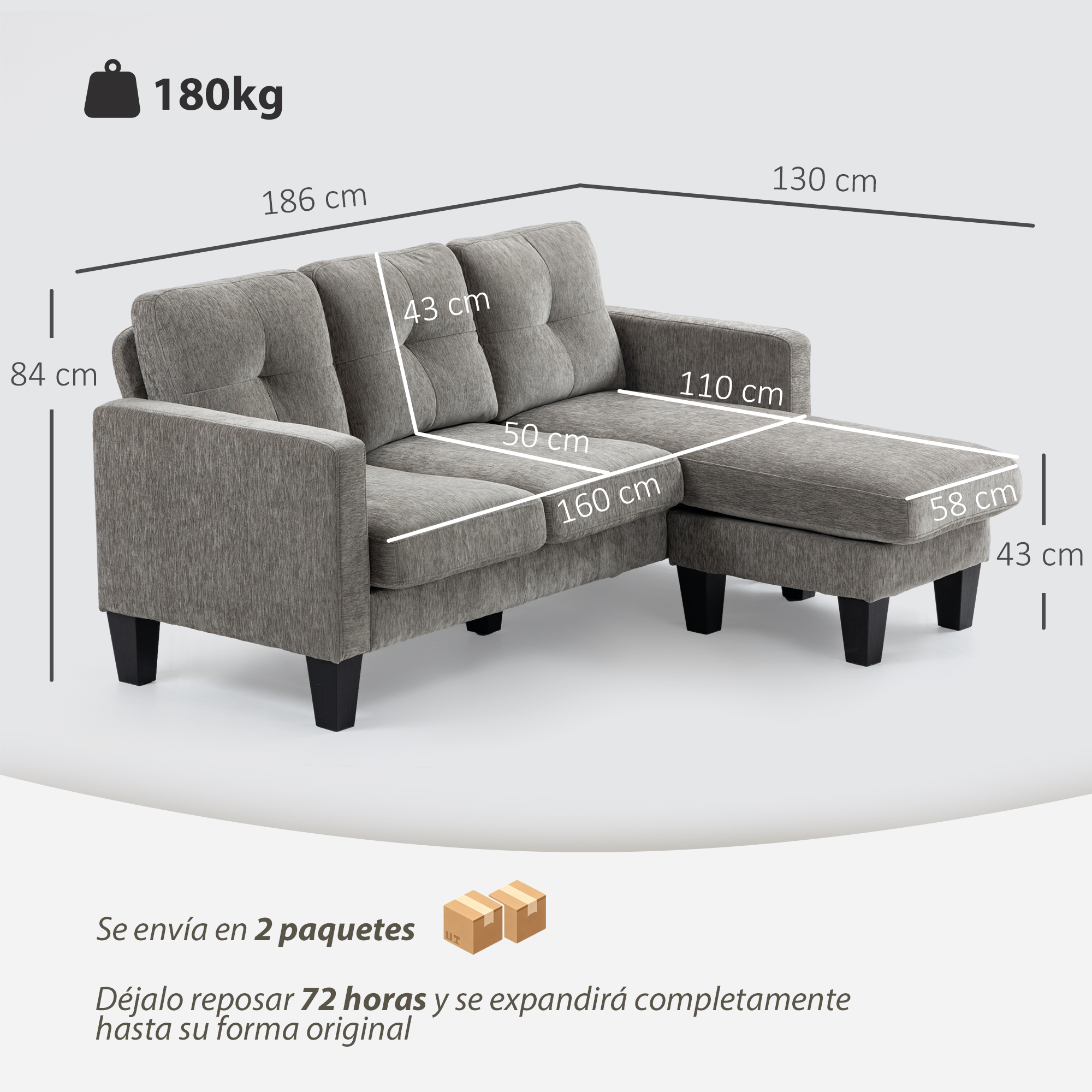 Sofá seccional gris con dimensiones e indicador de peso.