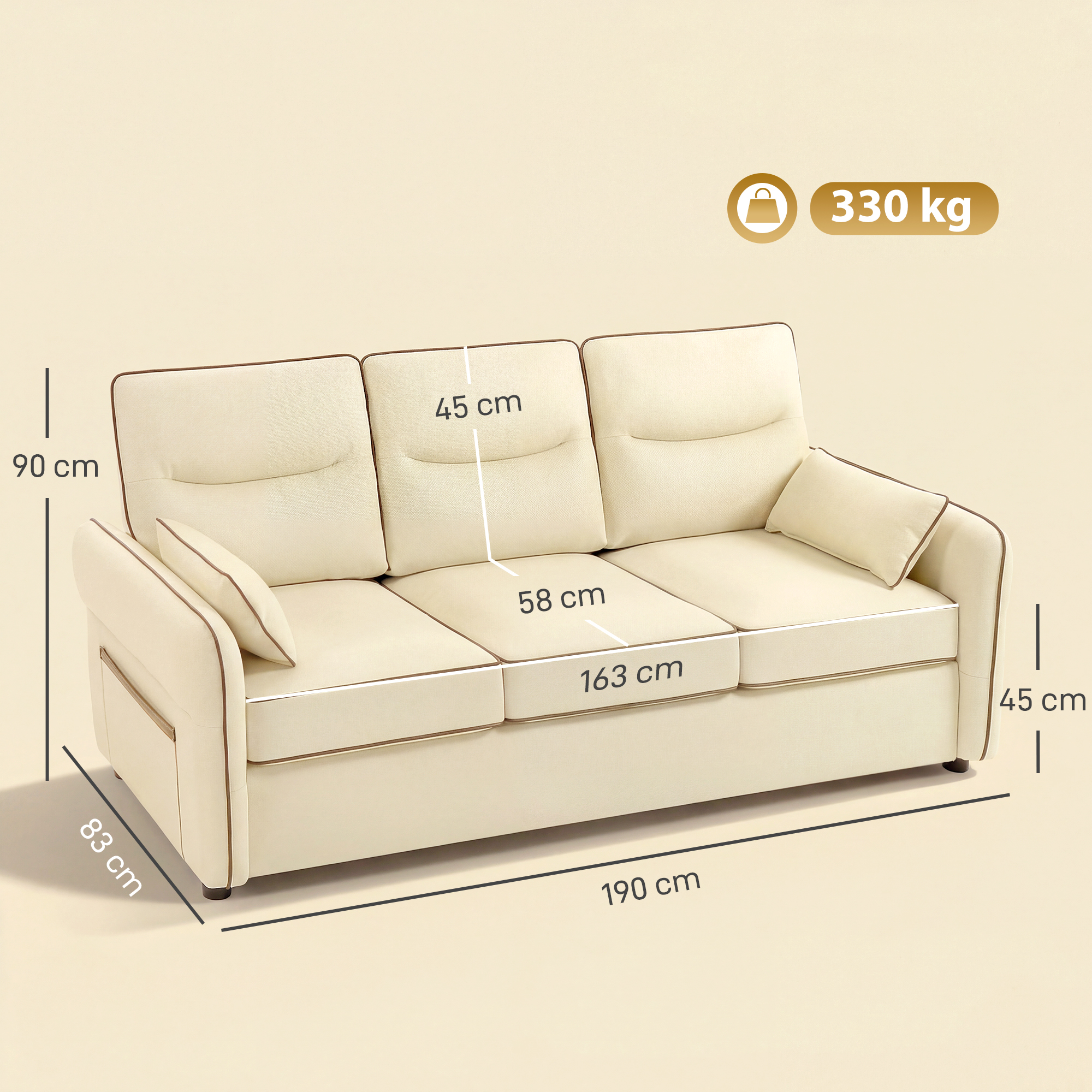 Sofá beige con ribete marrón, dimensiones 190x83x90 cm, capacidad 330 kg.