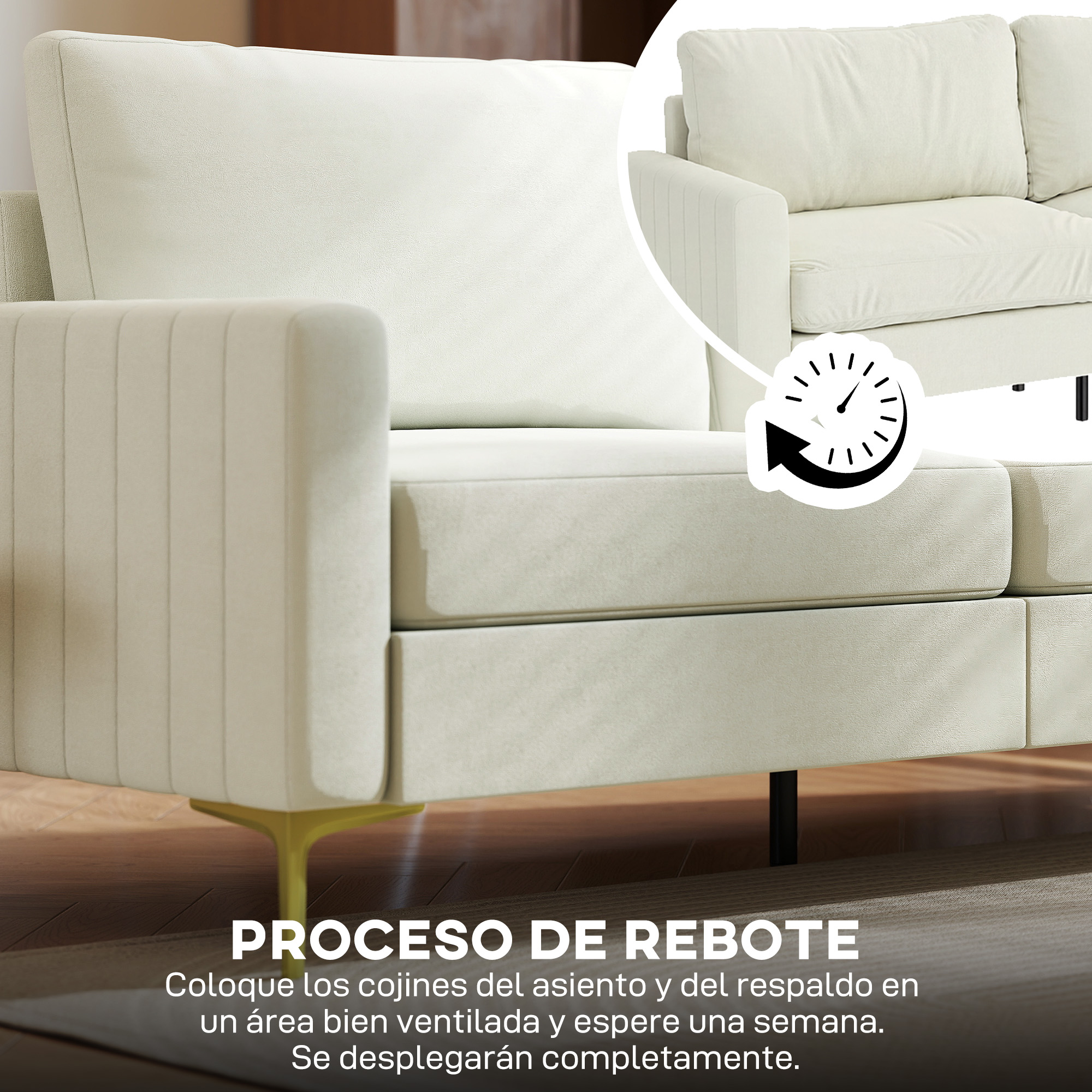 Un sofá de tela color crema con símbolo de
despliegue. Texto: Proceso de rebote.