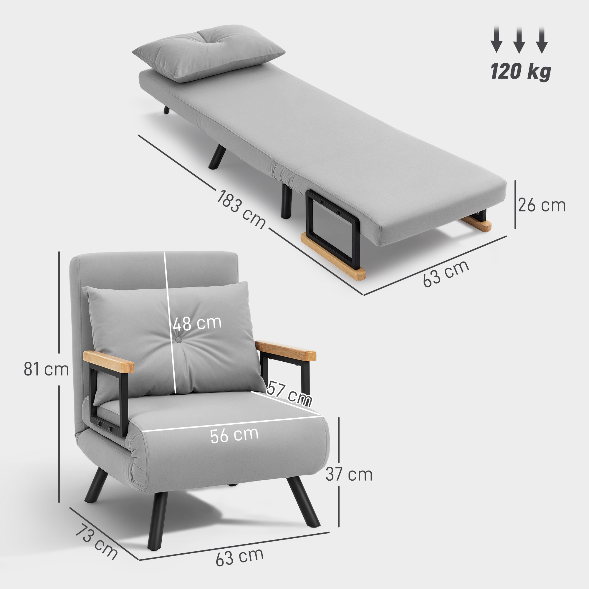 Butaca gris desplegada como cama, con medidas.