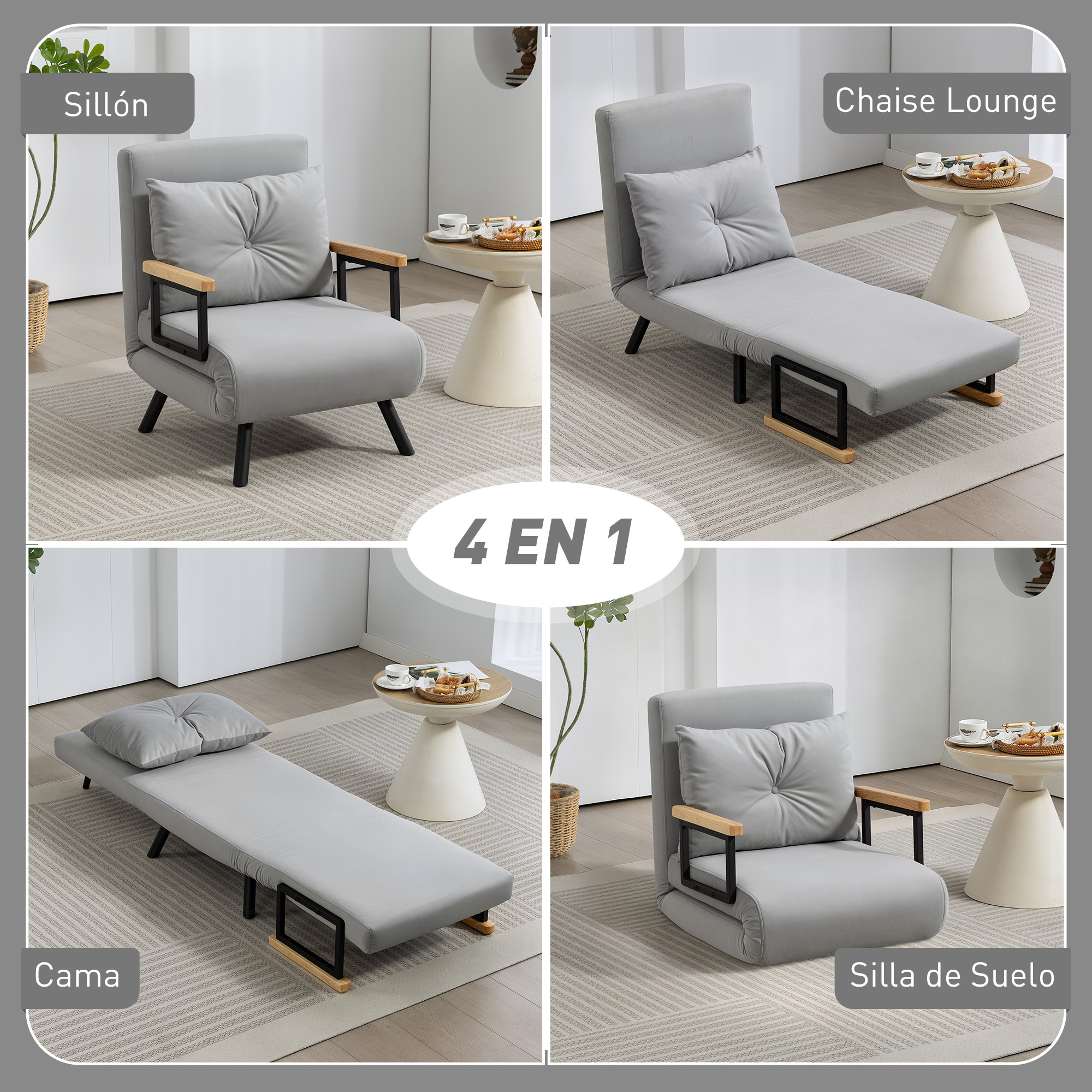 Sofá-sillón gris, tumbona, cama y silla de suelo en 4 configuraciones.