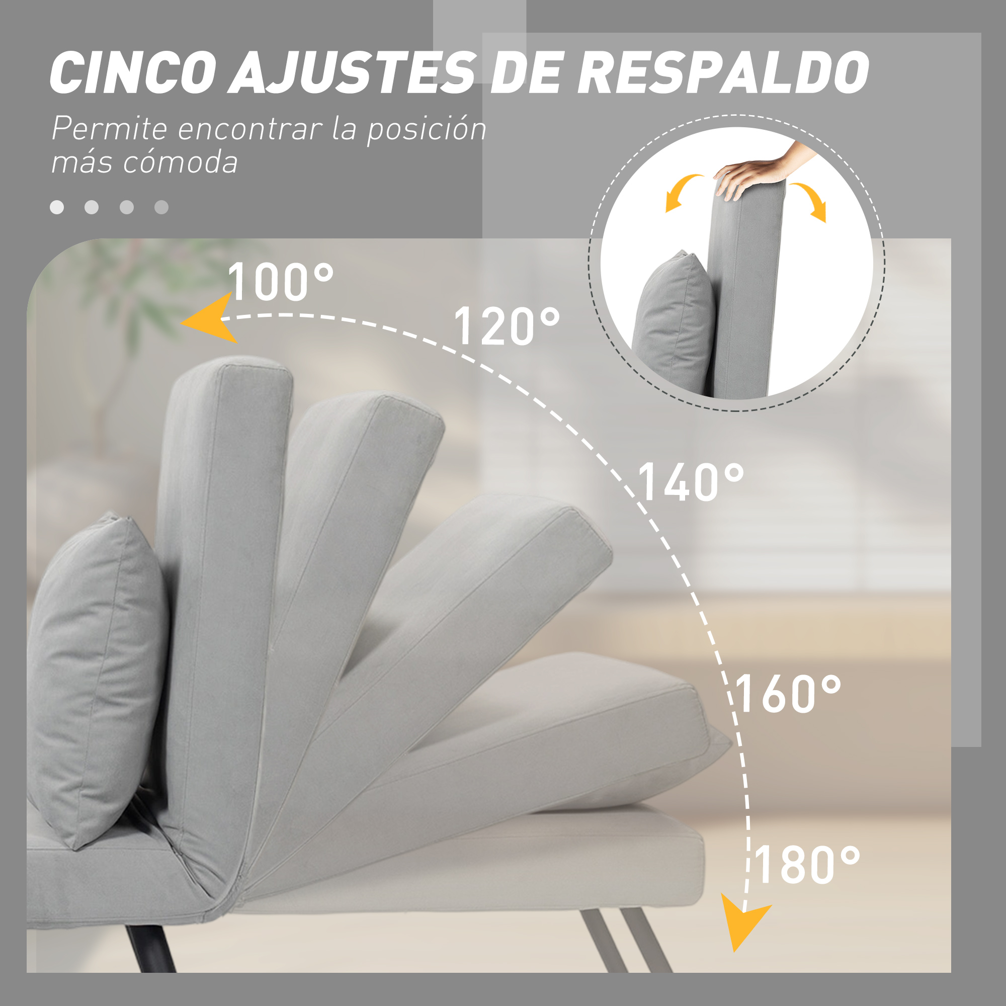 Sillón gris con respaldo ajustable mostrado en varios ángulos.