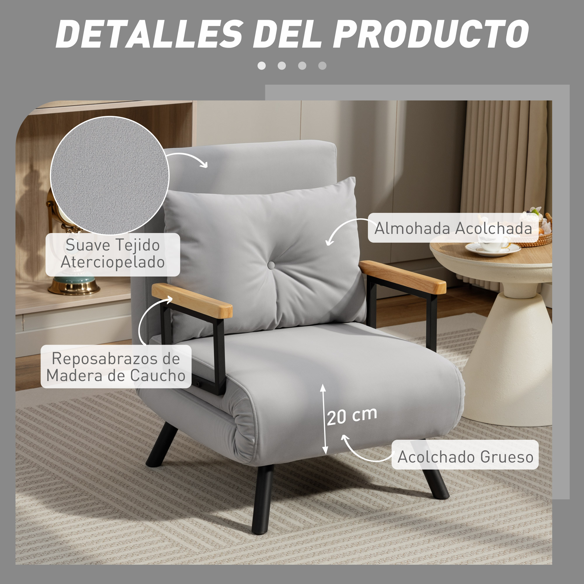 Sillón gris con brazos de madera, cojín y acolchado grueso. Detalles de tela resaltados.