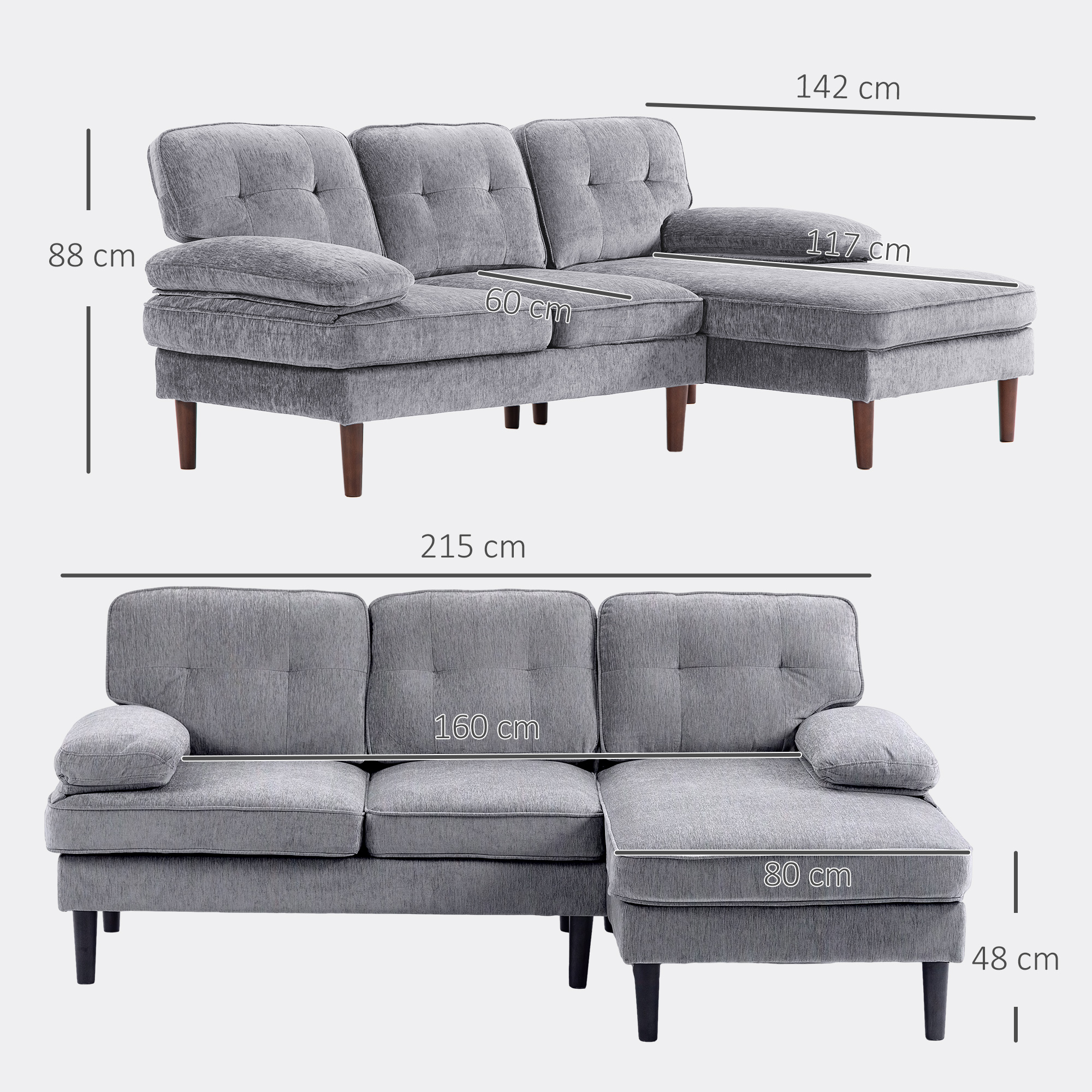 Sofá seccional de tela gris con chaise longue, se muestran dimensiones.