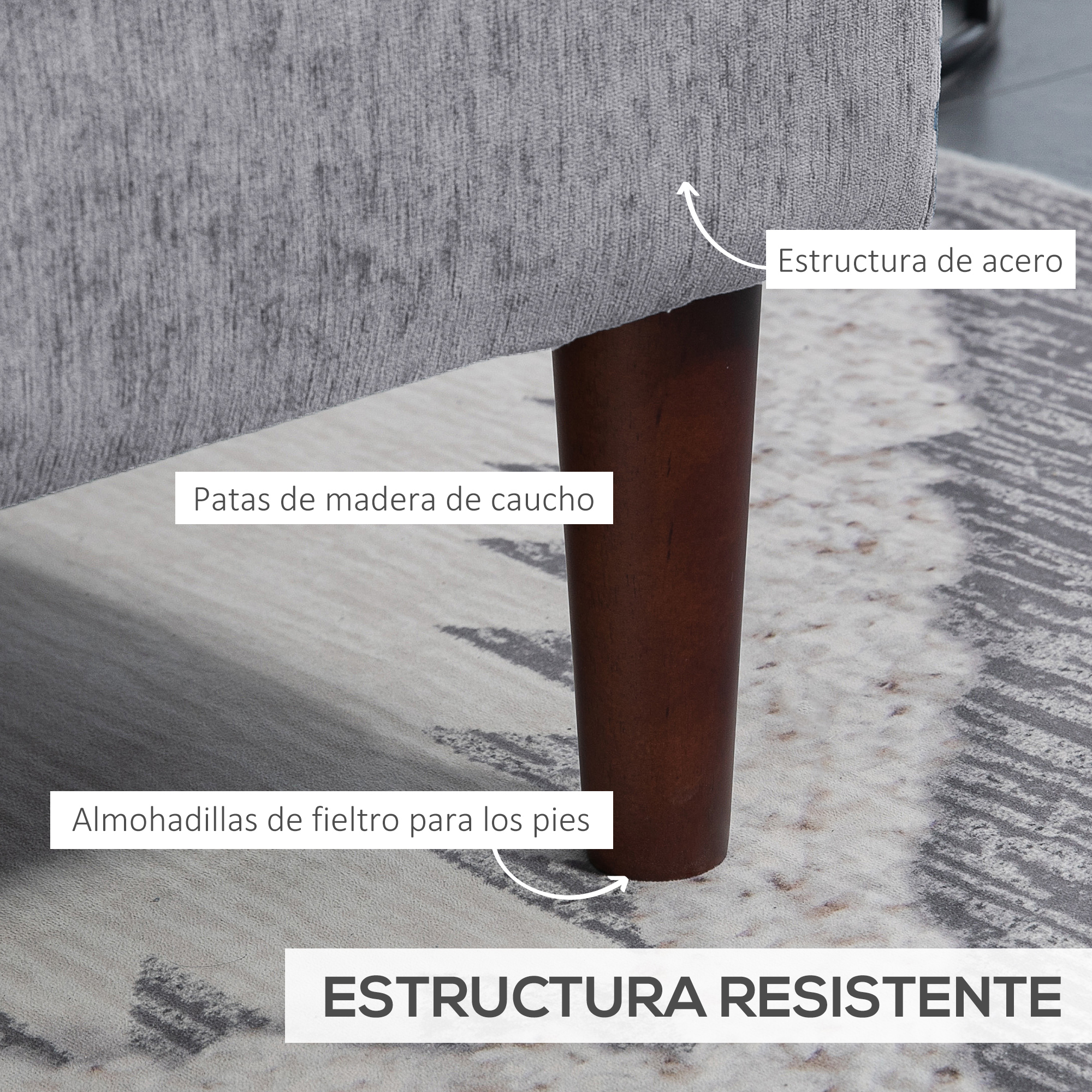 Tela gris sobre patas de madera marrón con pies de fieltro.