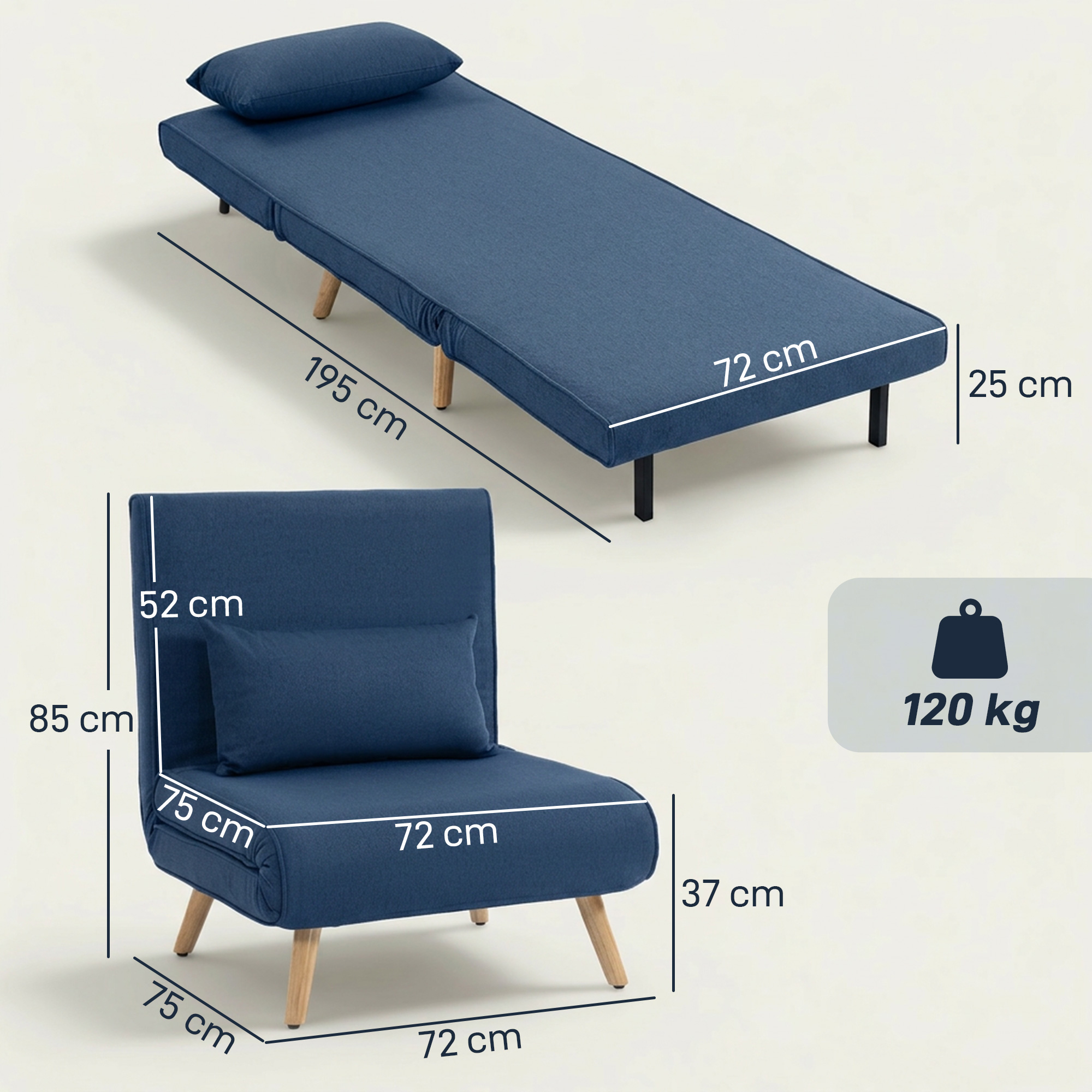 Un sillón cama azul con dimensiones y capacidad de 120 kg.