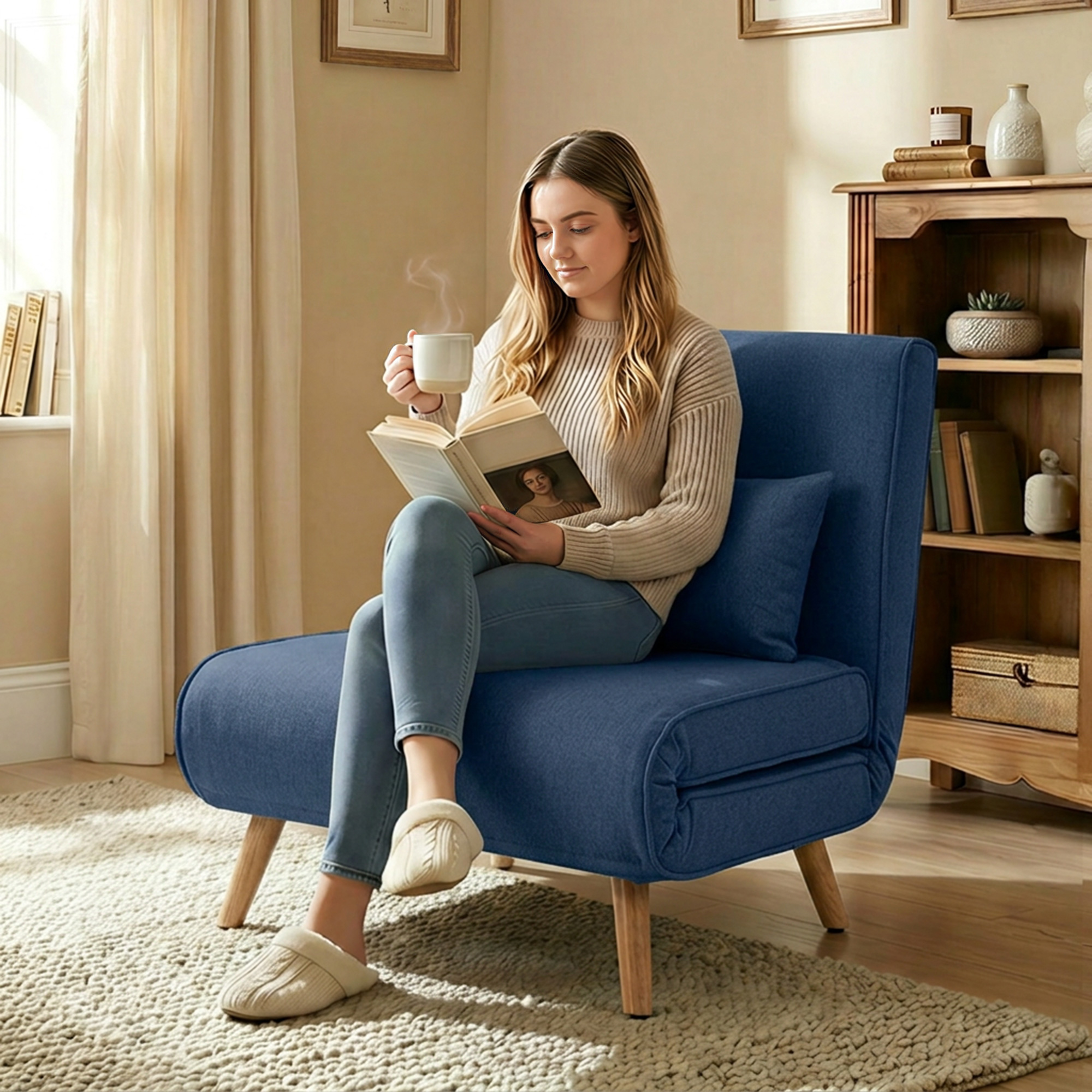Una mujer lee un libro y bebe café sentada en un sillón azul.