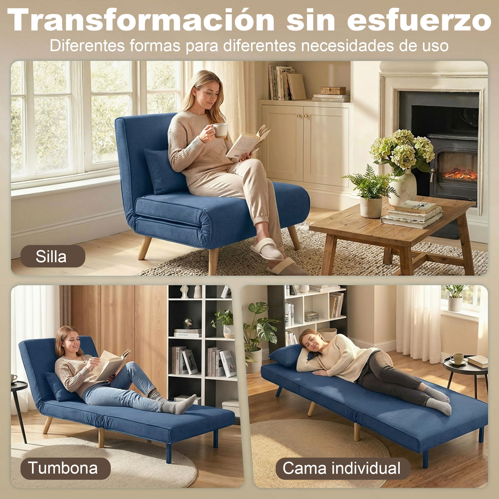 Una mujer se sienta en un sillón azul, se reclina en un sofá azul y duerme en una cama azul.