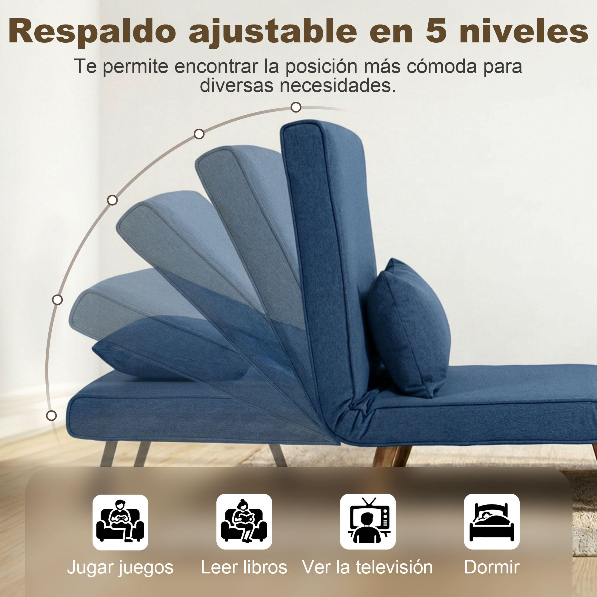 Respaldo ajustable en 5 niveles con iconos para juegos, leer, TV y dormir.