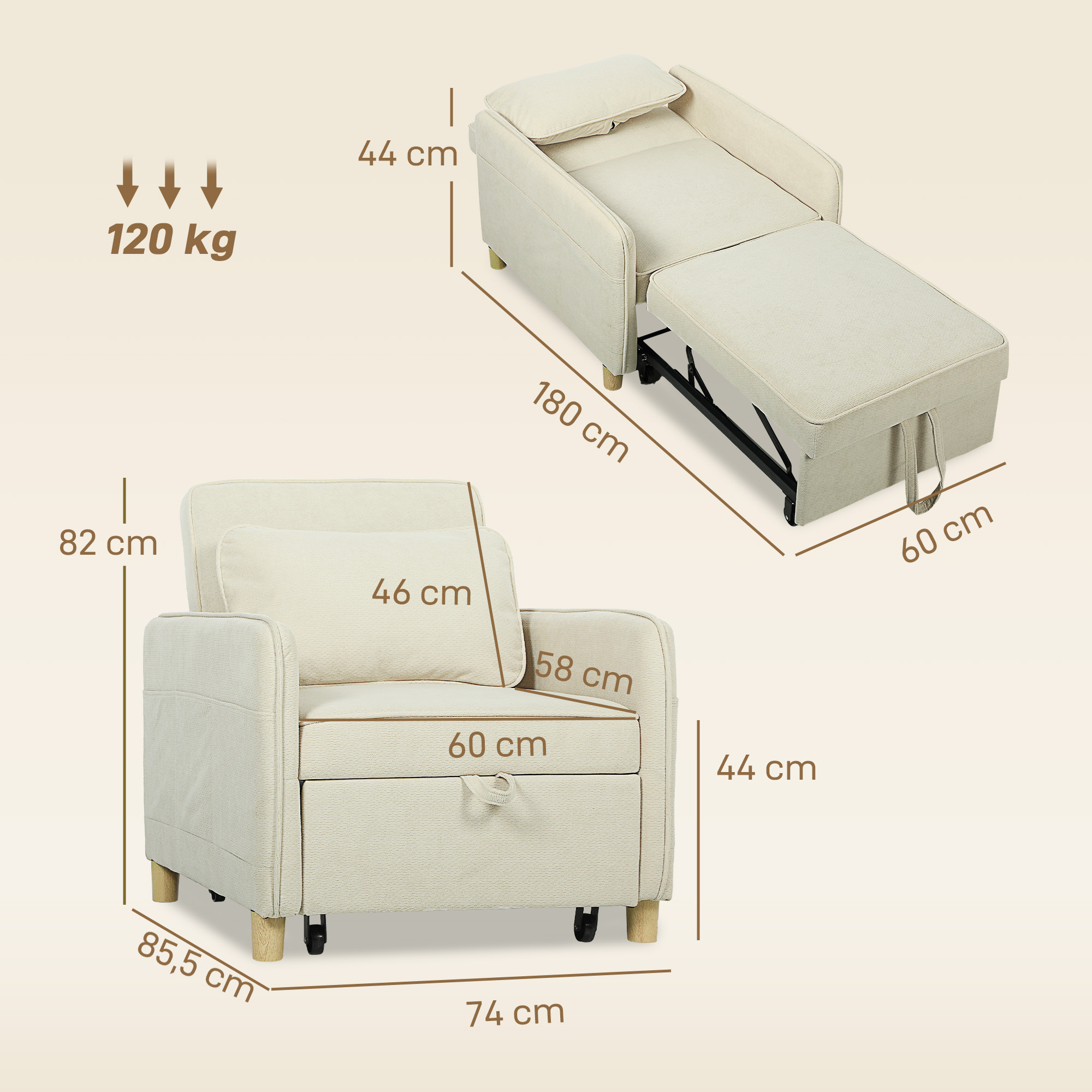 Un sillón beige, parcialmente extendido como cama, con medidas.