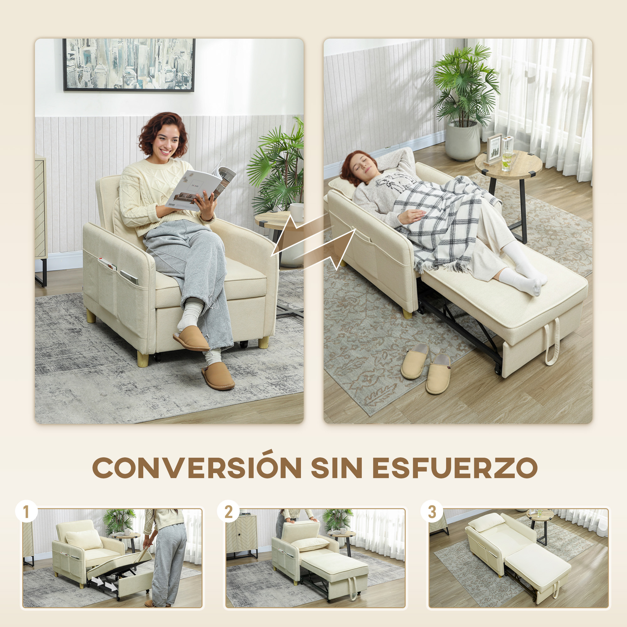 Un sillón se transforma en cama, mostrado en tres pasos.