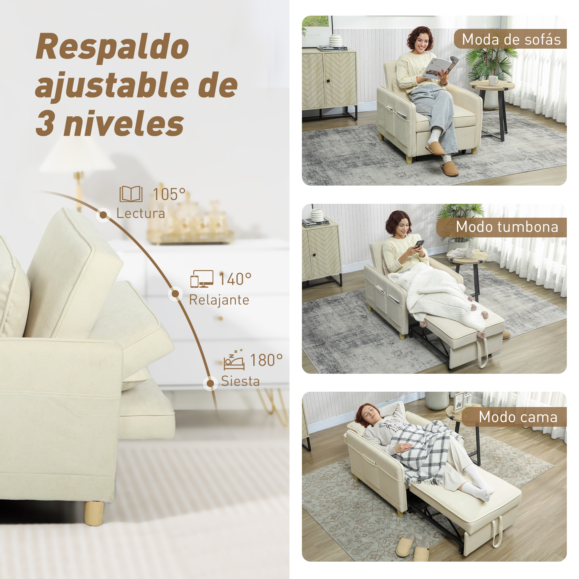 Un sillón beige con respaldo ajustable en 3 posiciones: lectura, relax y siesta.