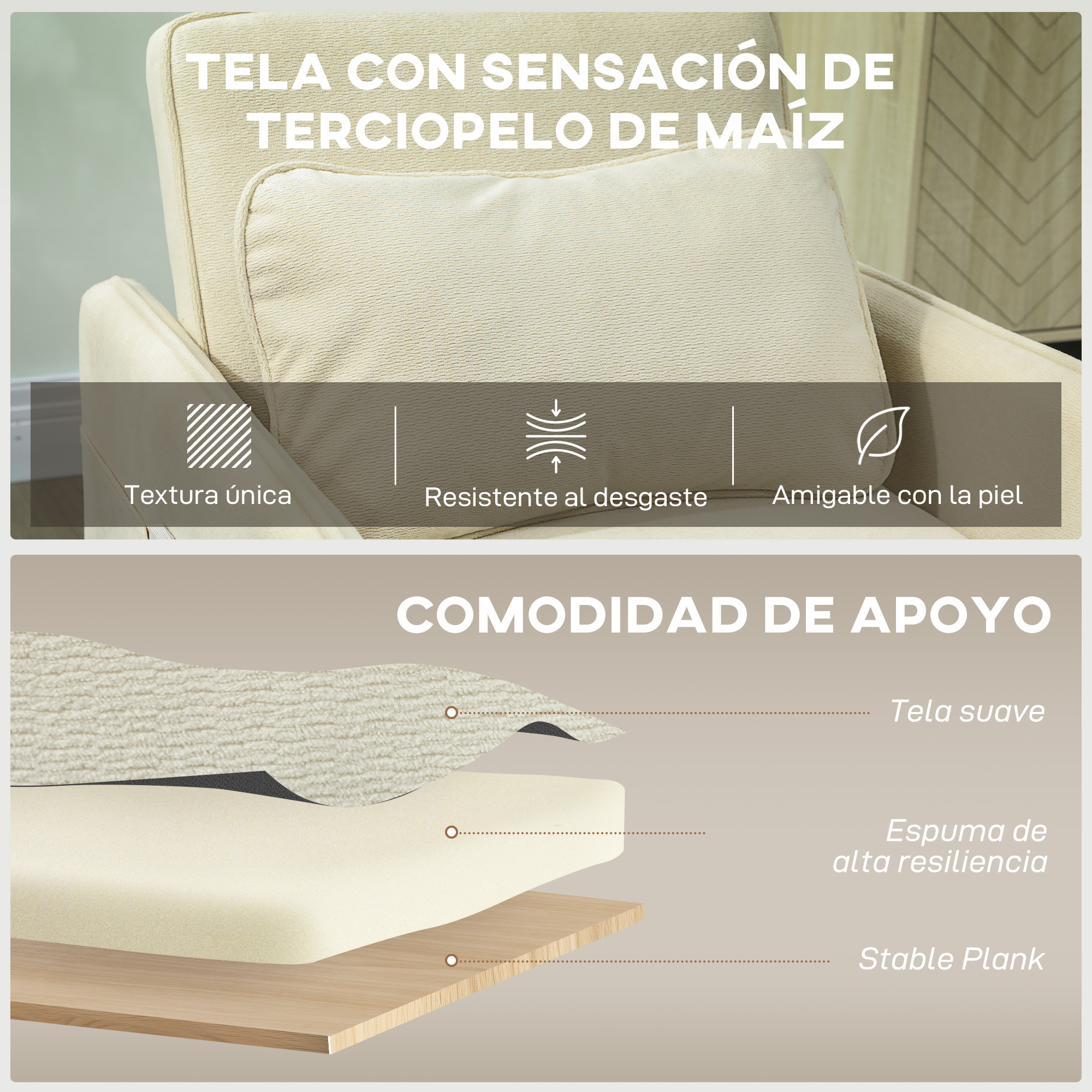 Un sillón con tacto de terciopelo de maíz, textura, durabilidad y suavidad.