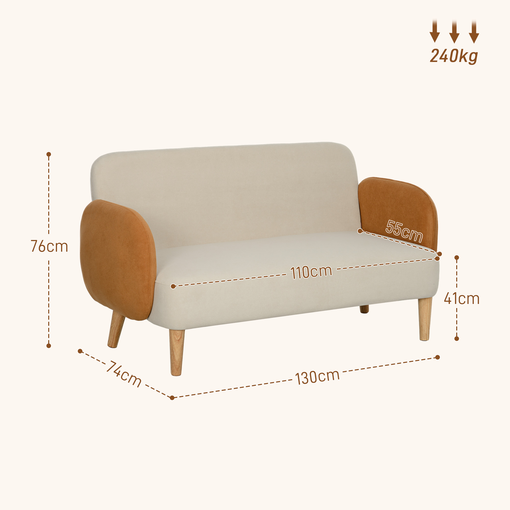 Sofá beige de dos plazas con reposabrazos marrones y patas de madera. Se muestran las dimensiones.