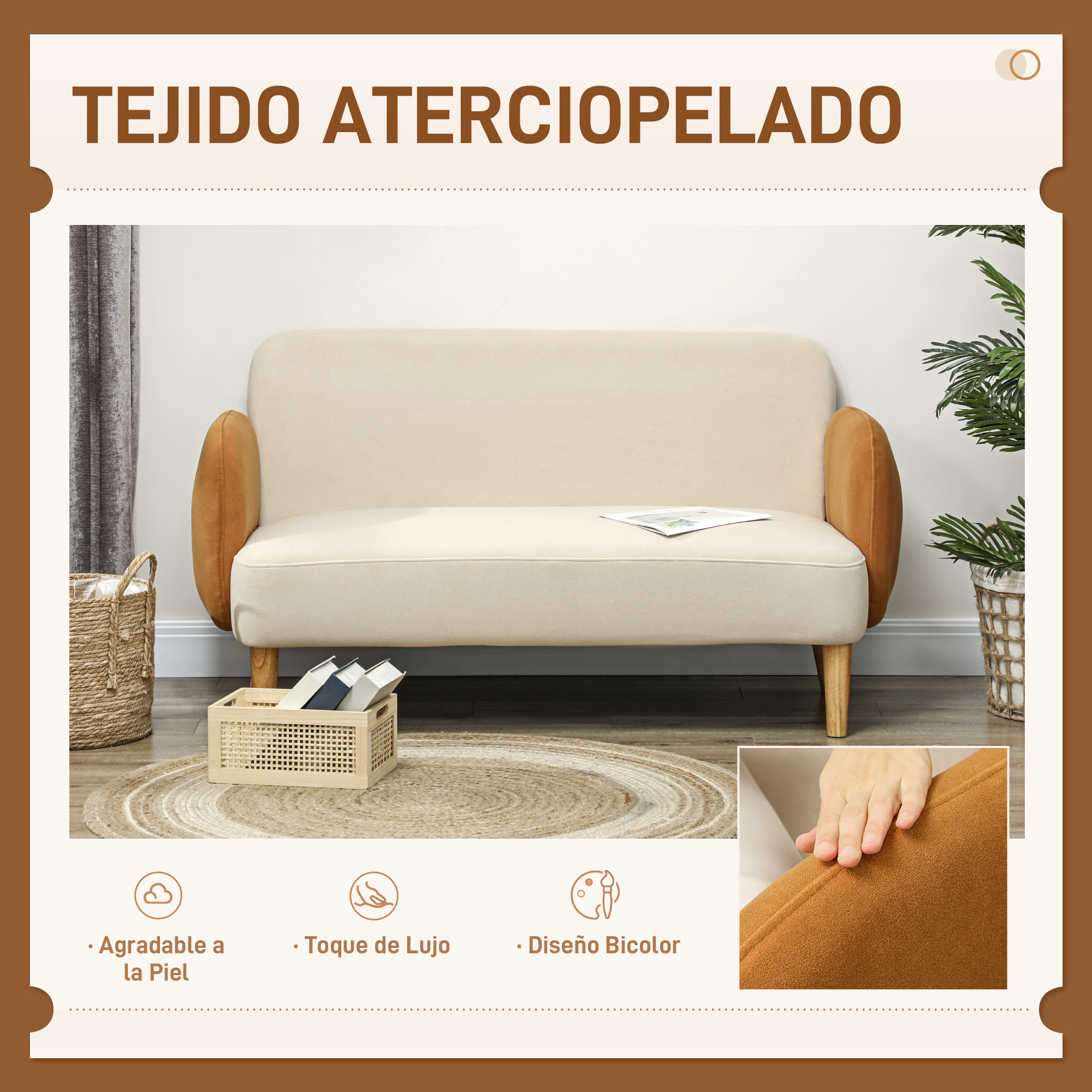 Un sofá beige de dos plazas con detalles marrones y patas de madera.