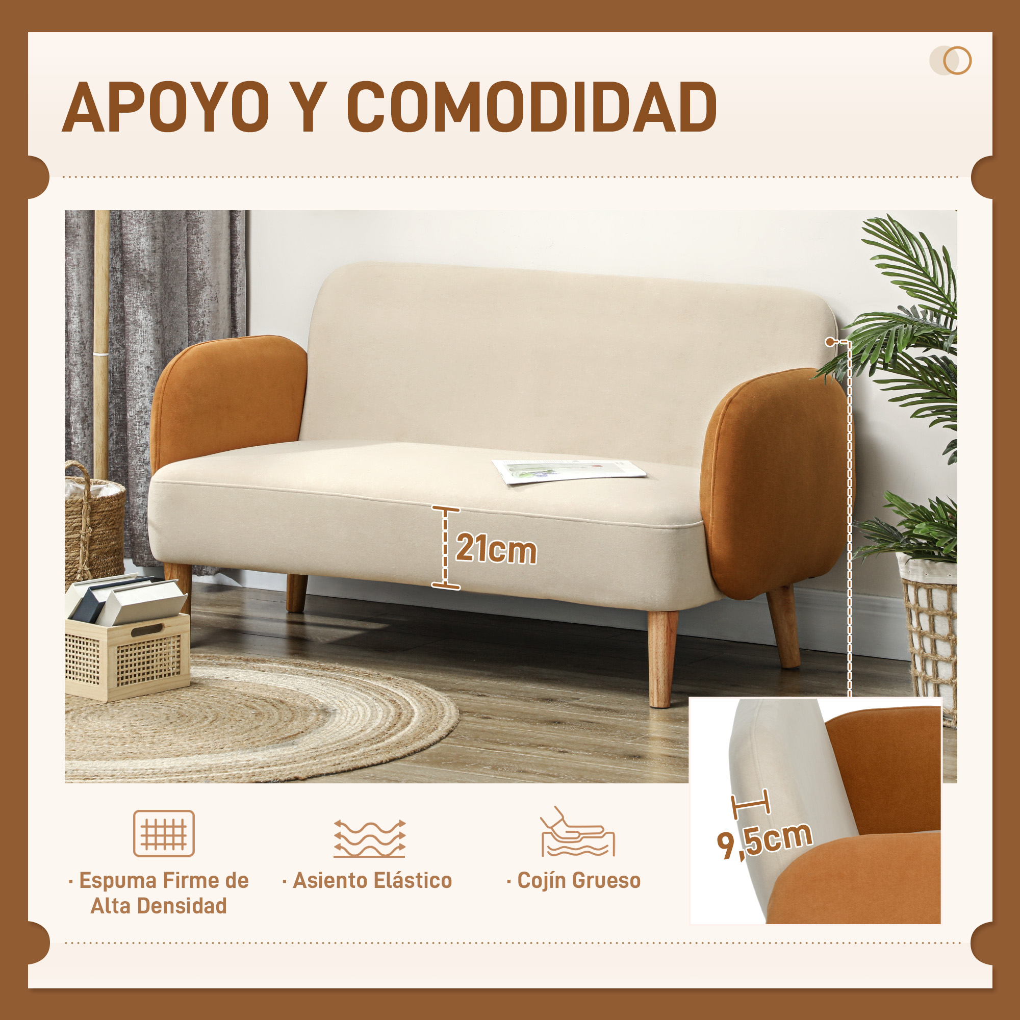 Un sofá beige con reposabrazos marrones y patas de madera. Altura de asiento 21cm.