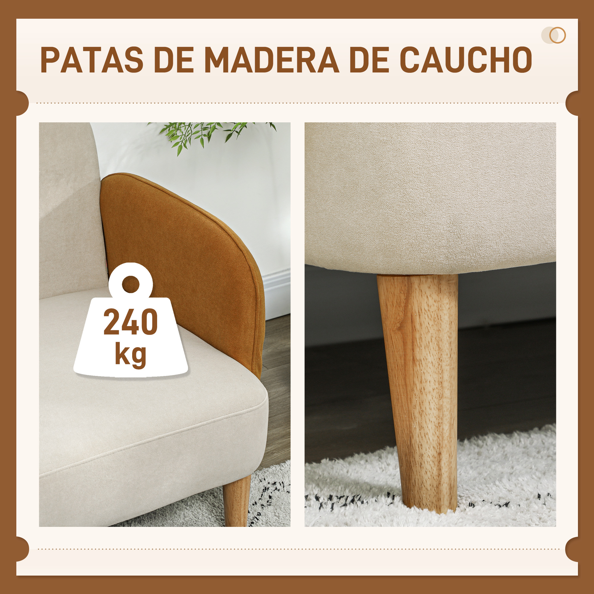 Un sillón beige con detalles marrones y patas de madera, soporta hasta 240 kg.