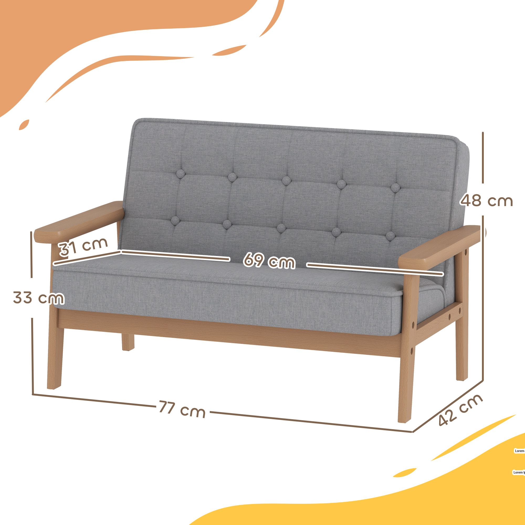 Un sofá de dos plazas gris con botones y marco de madera. Dimensiones mostradas.