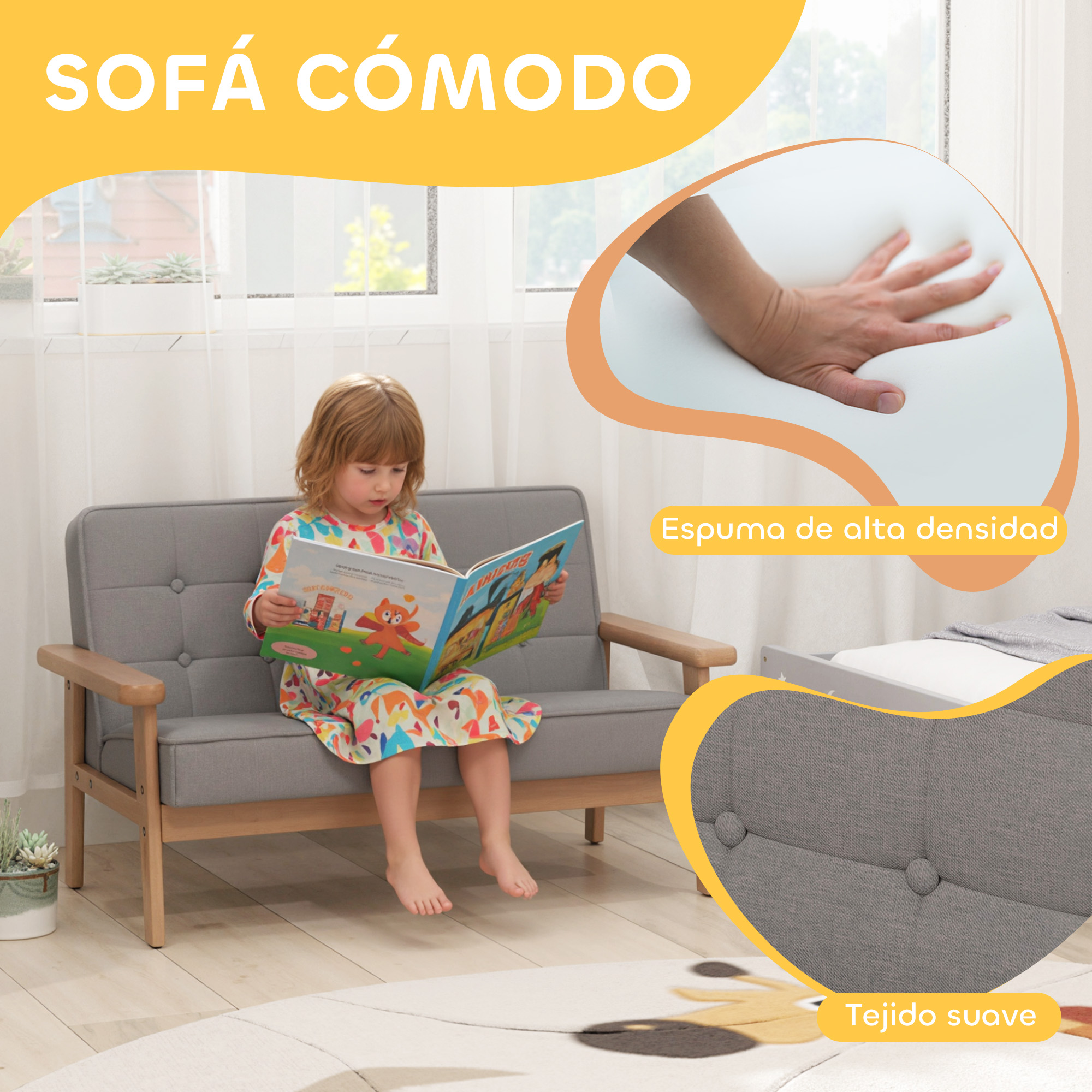 Una niña lee un libro en un sofá gris. Primer plano de espuma. Tejido suave.