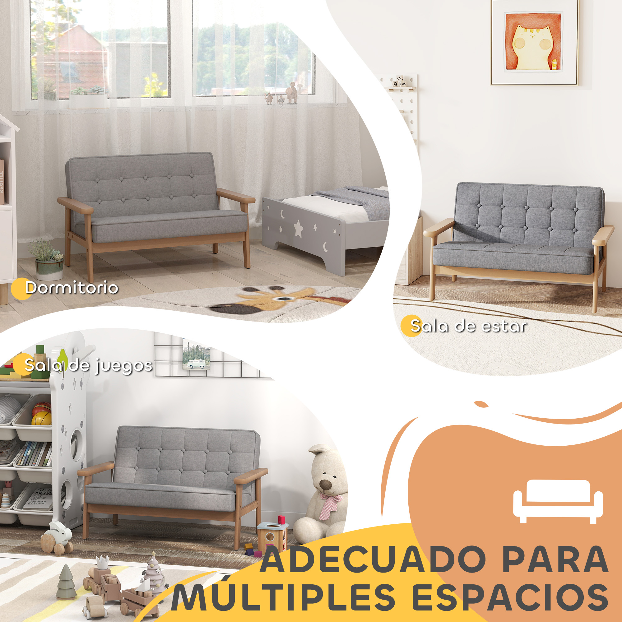 Un sofá y una cama infantil en una habitación, un sofá en otra.