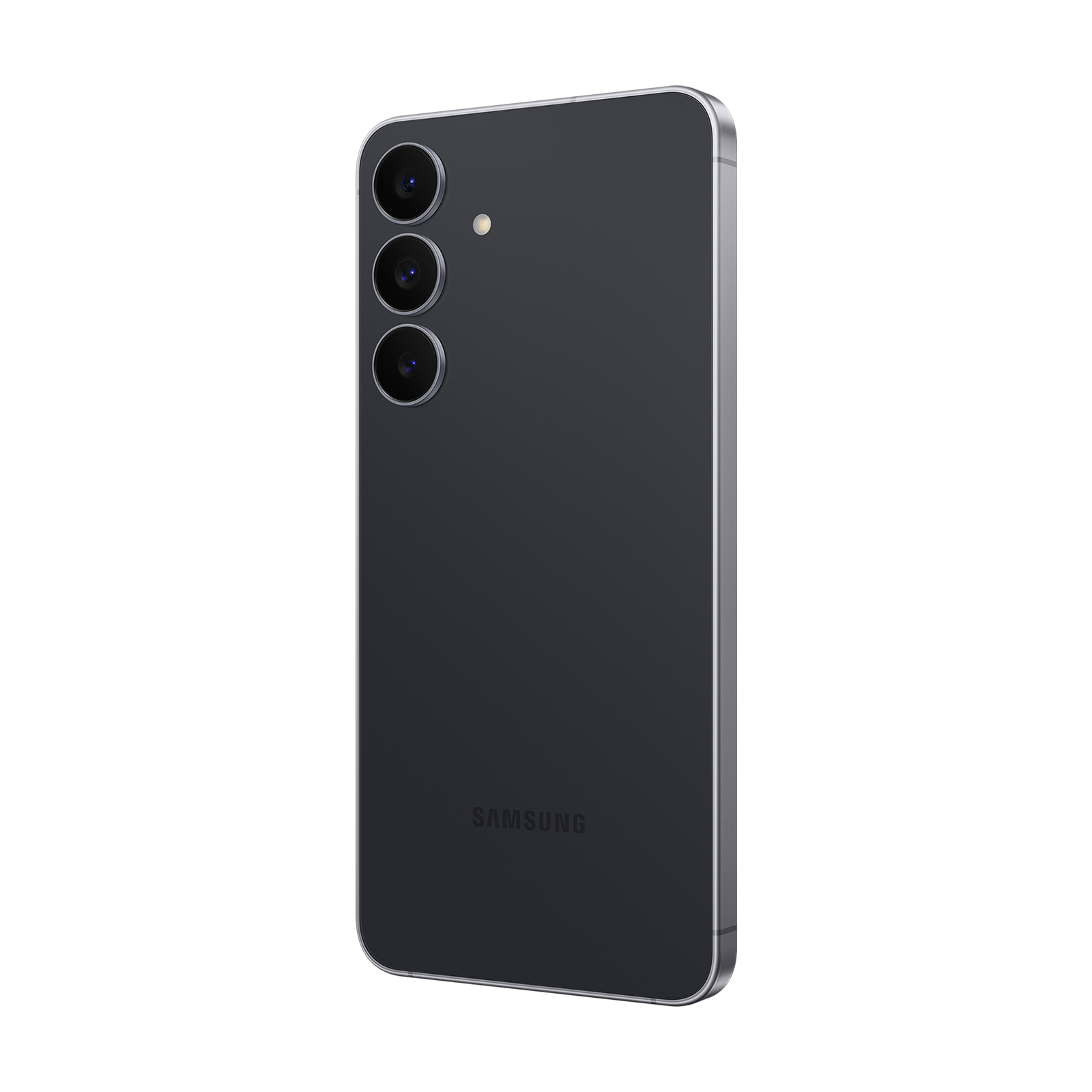 Dunkelgraues Smartphone mit drei Kameras und Samsung-Logo, von hinten.