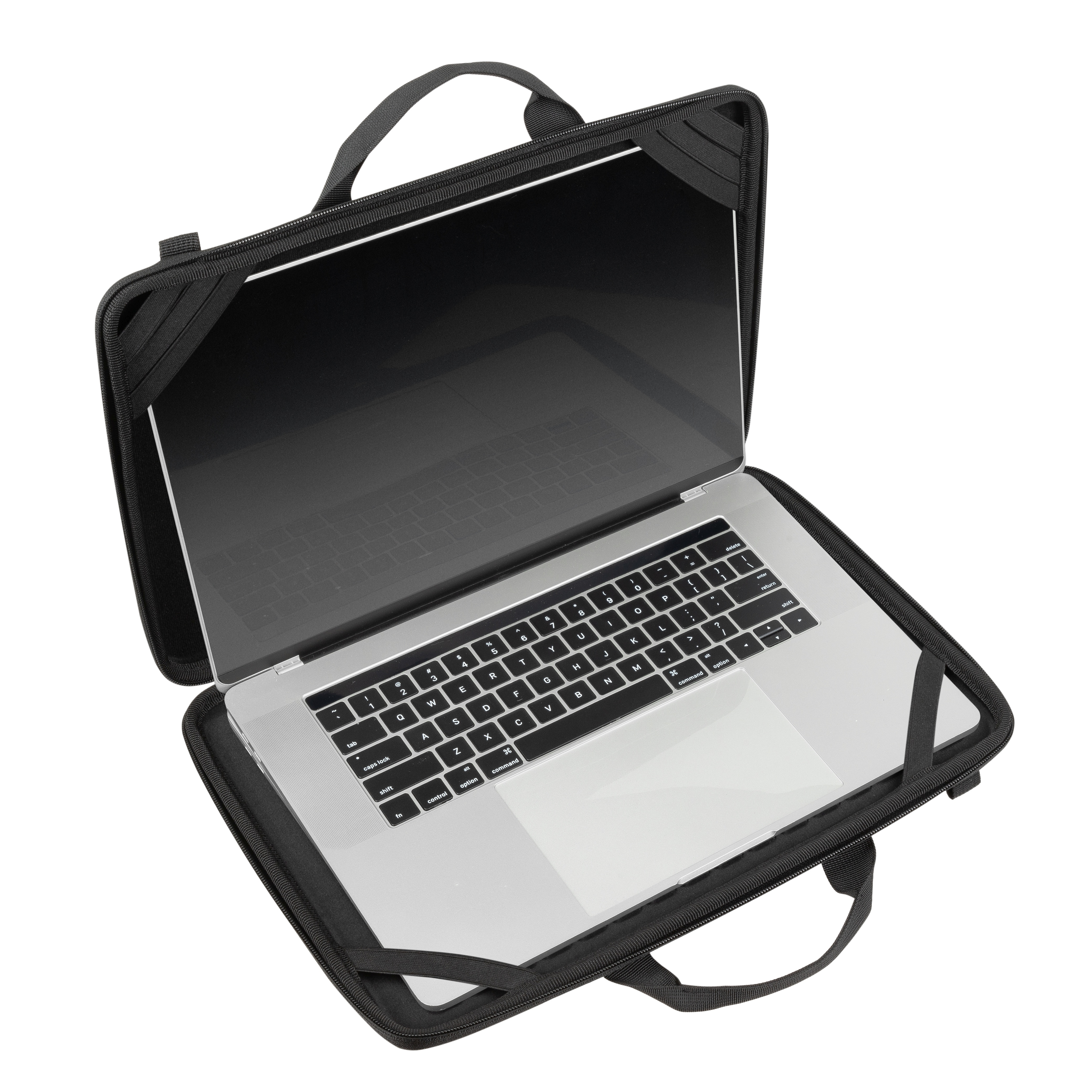 Otwarta czarna torba na laptopa z laptopem w środku.