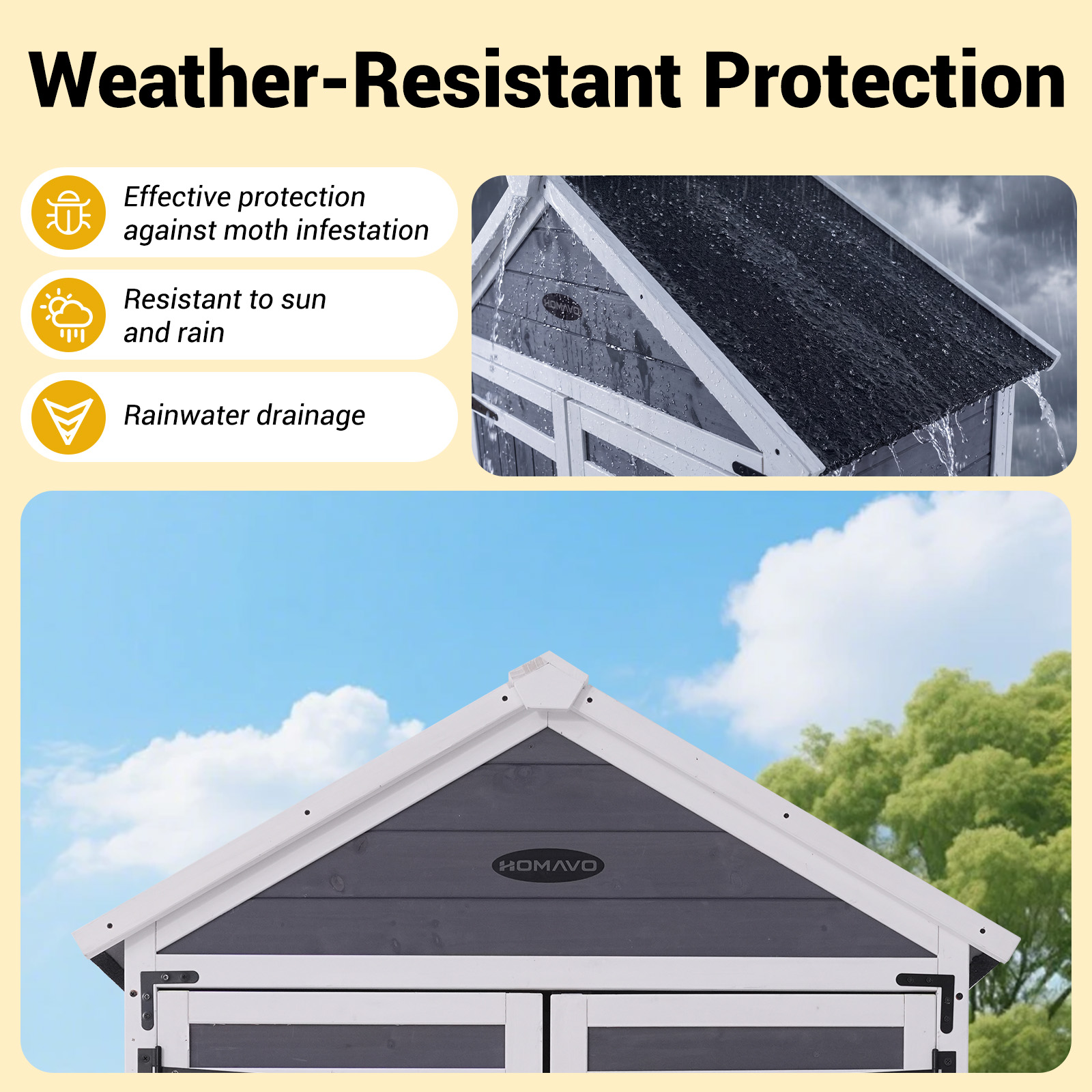 Un riparo resistente alle intemperie con tre caratteristiche protettive: tarme, sole e pioggia.