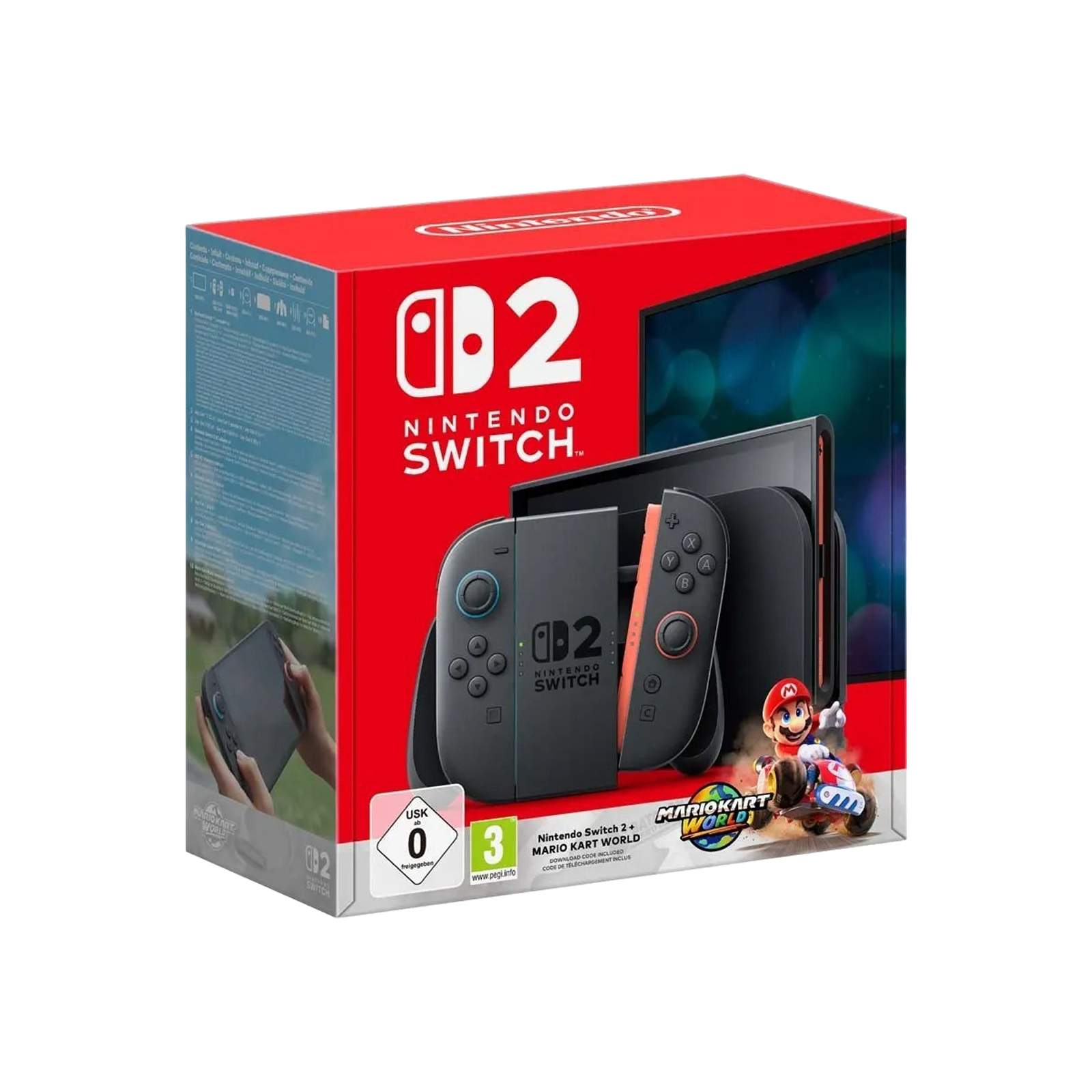 Caja de Nintendo Switch 2 con Mario Kart World, Joy-Cons y Mario.