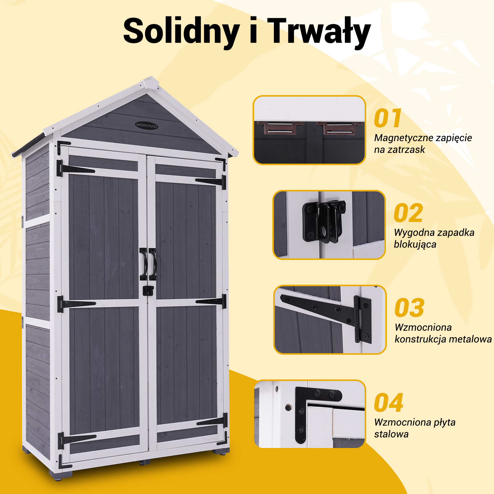 Ciemnoszary domek ogrodowy z białym wykończeniem i czterema detalami.