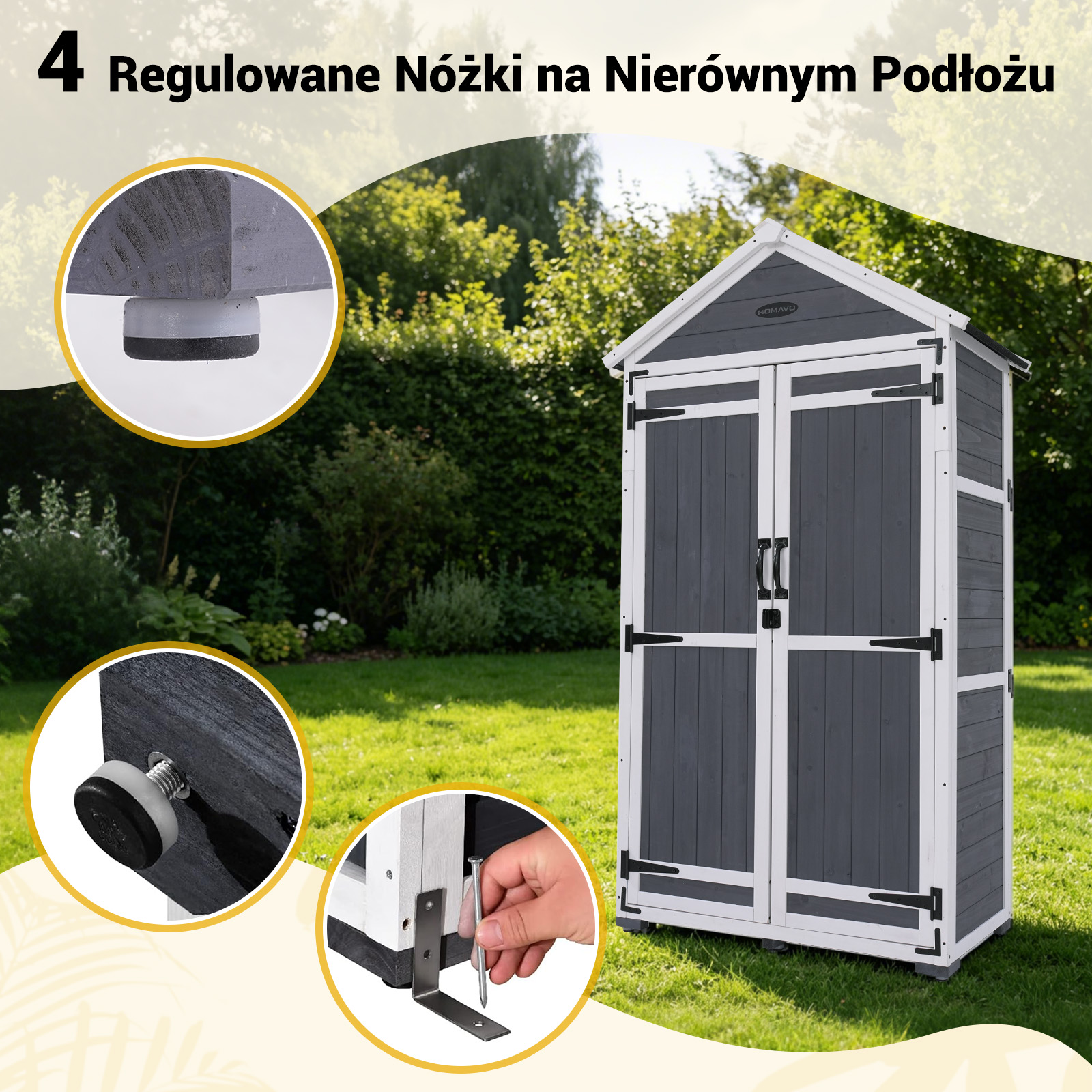 Ciemnoszary domek ogrodowy z białymi listwami i podwójnymi drzwiami.