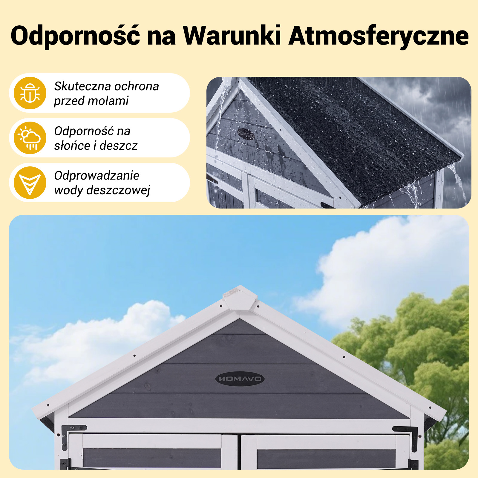 Szary drewniany domek z białymi elementami, podczas deszczu.