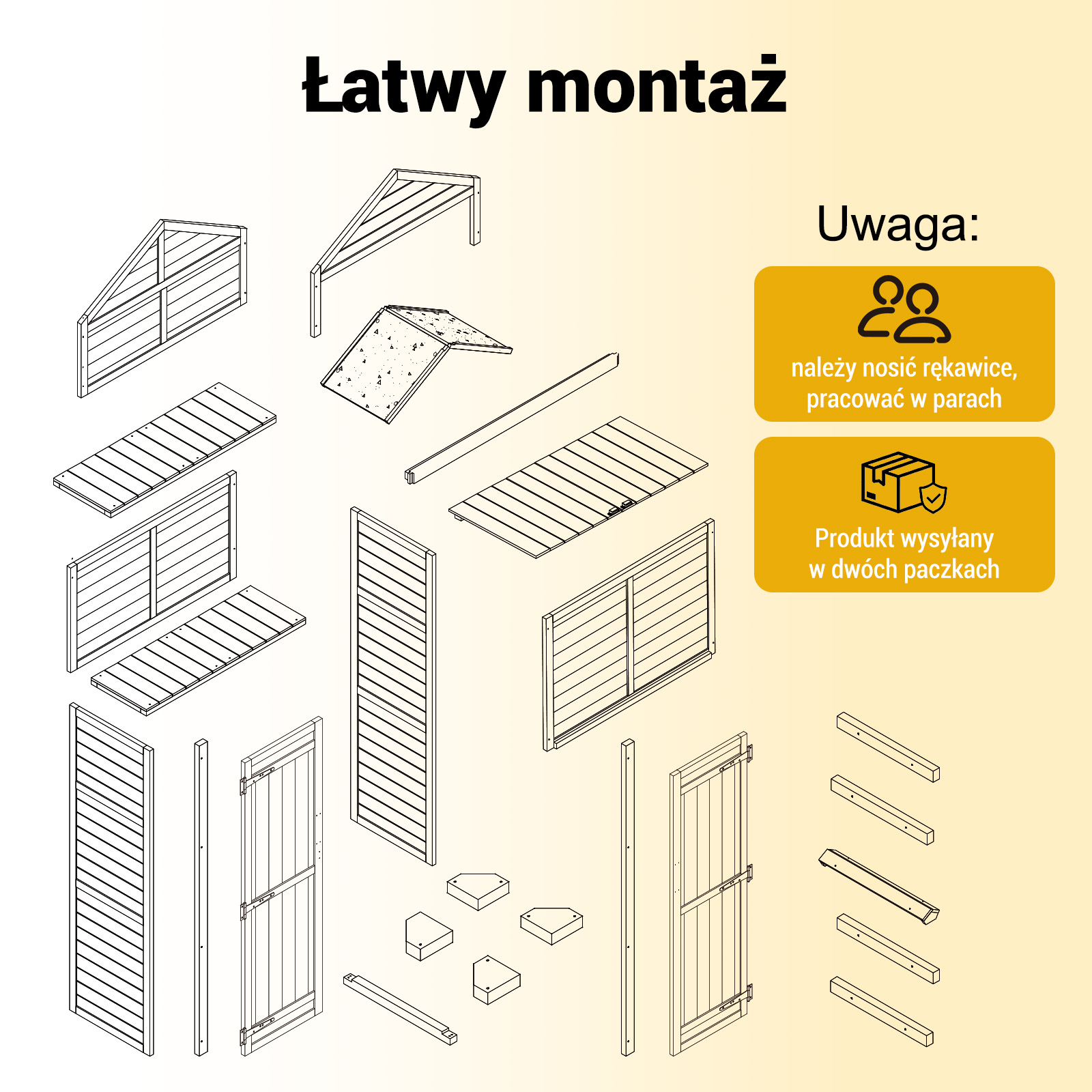 Widok rozstrzelony elementów ogrodzenia i drzwi z instrukcją montażu.