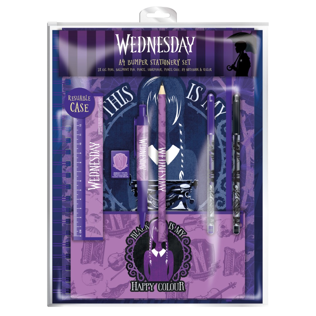 Zestaw papeterii A4 Wednesday w wielorazowym etui z długopisami, linijką, ołówkiem, temperówką.
