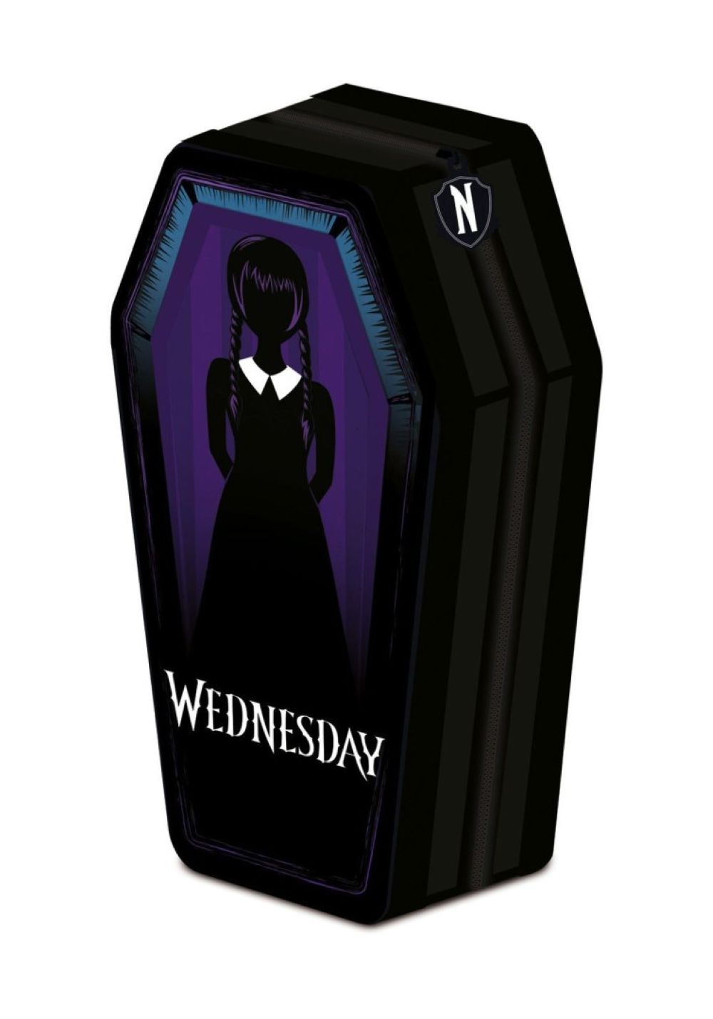 Czarna skrzynka w kształcie trumny z sylwetką Wednesday Addams na fioletowym tle.