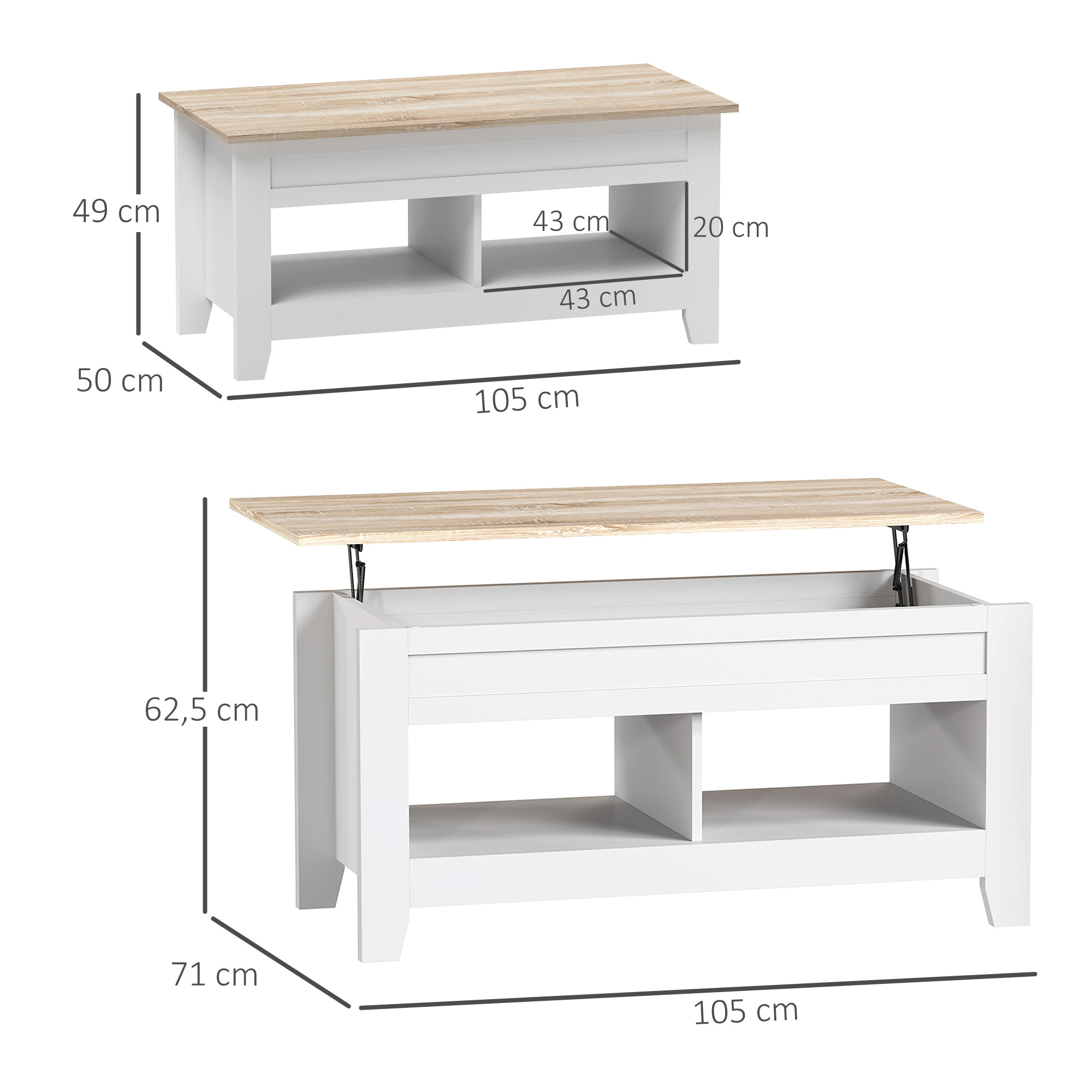 Una mesa de centro blanca con tapa de madera, se muestran las dimensiones.