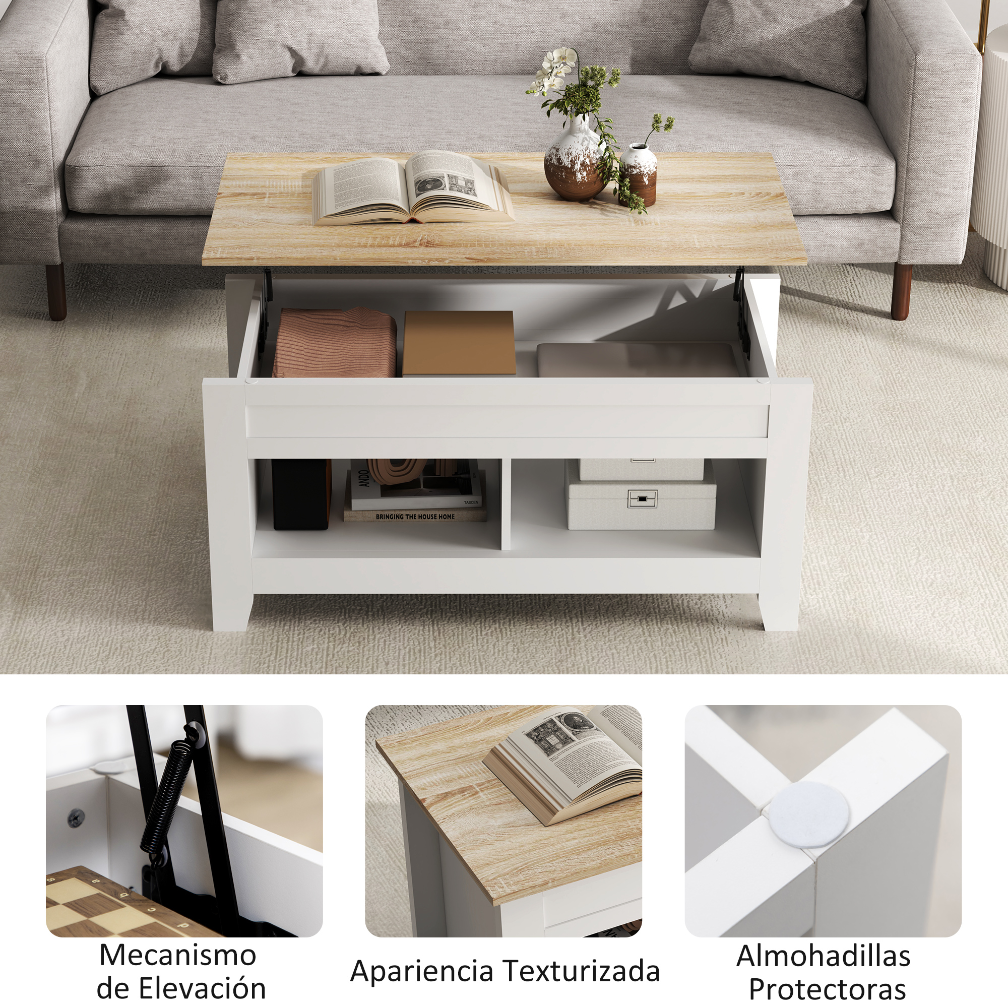 Una mesa de centro blanca con tapa de madera, abierta para mostrar espacio de almacenamiento.