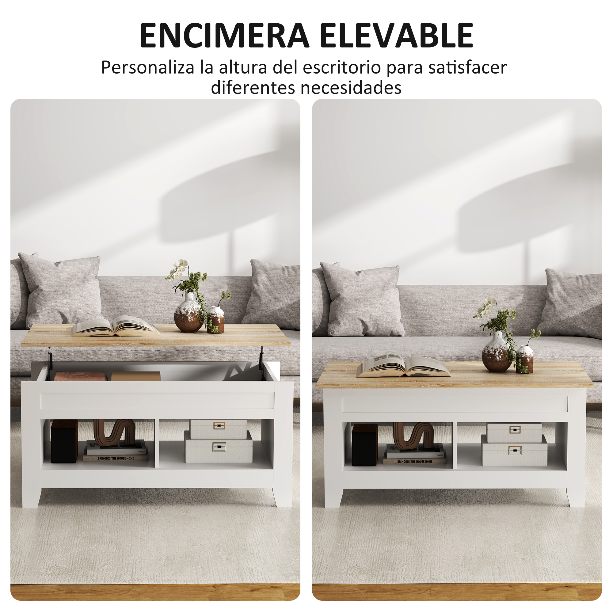 Mesa de centro blanca con tapa de madera, libros y jarrones. Izquierda levantada.