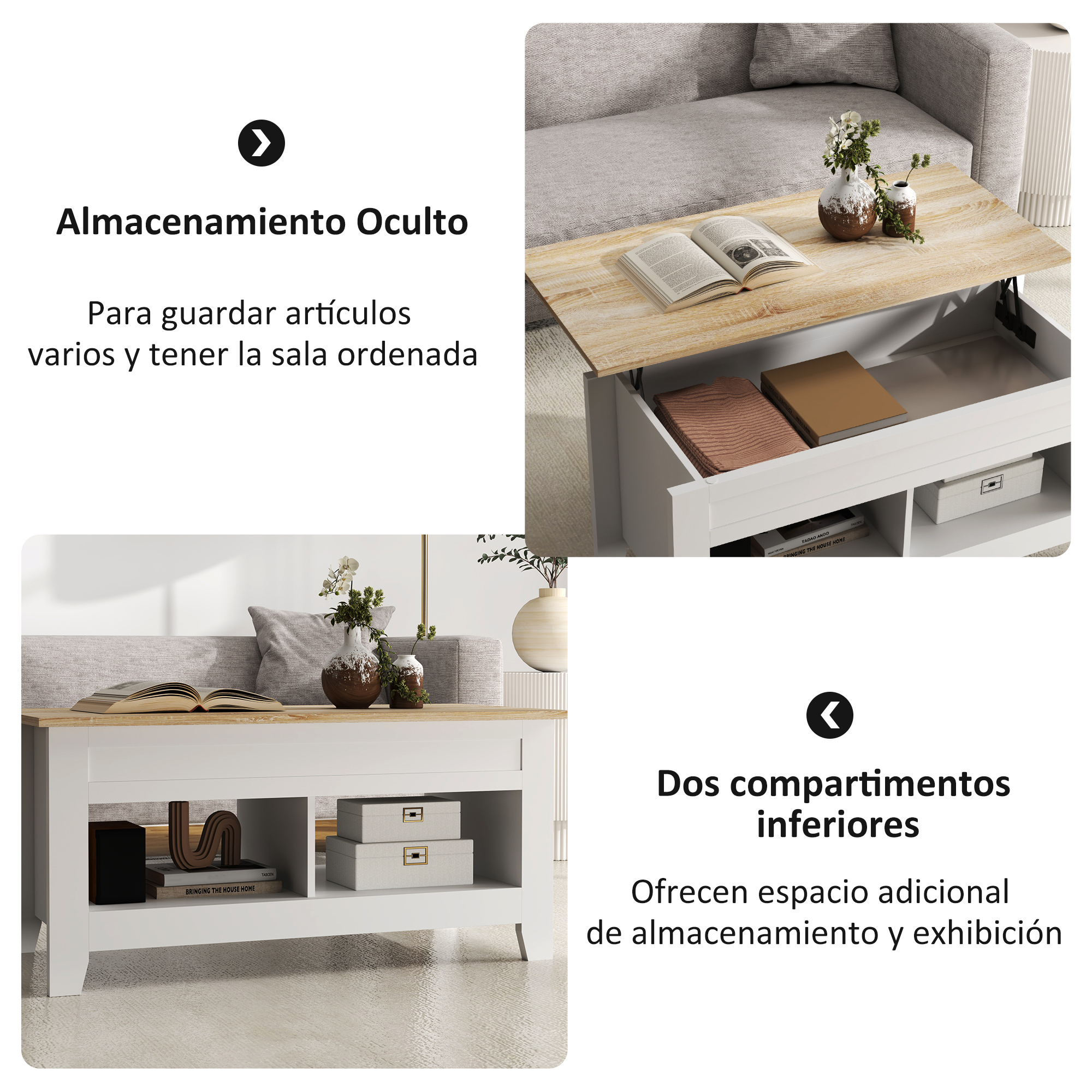 Mesa de centro blanca con tapa de madera, estante y cajones.