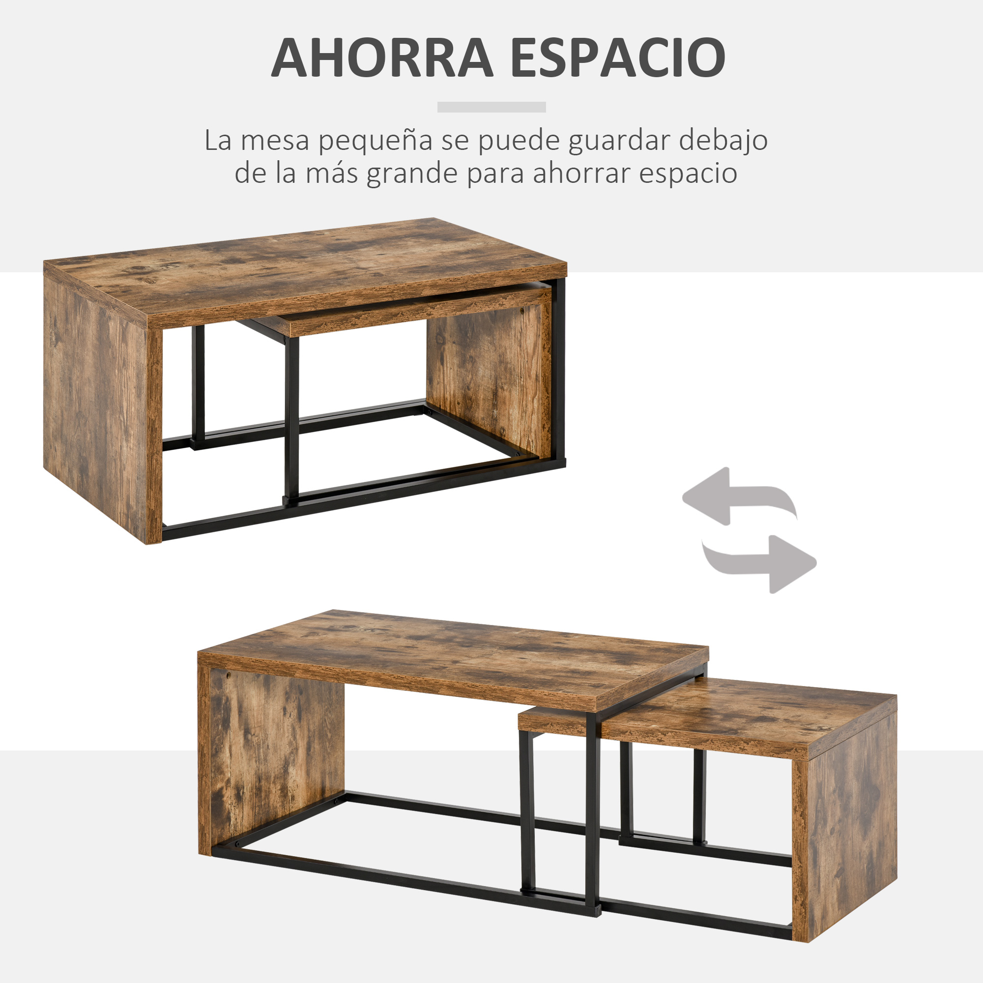 Dos mesas de madera con marcos de metal negro, una debajo de la otra.