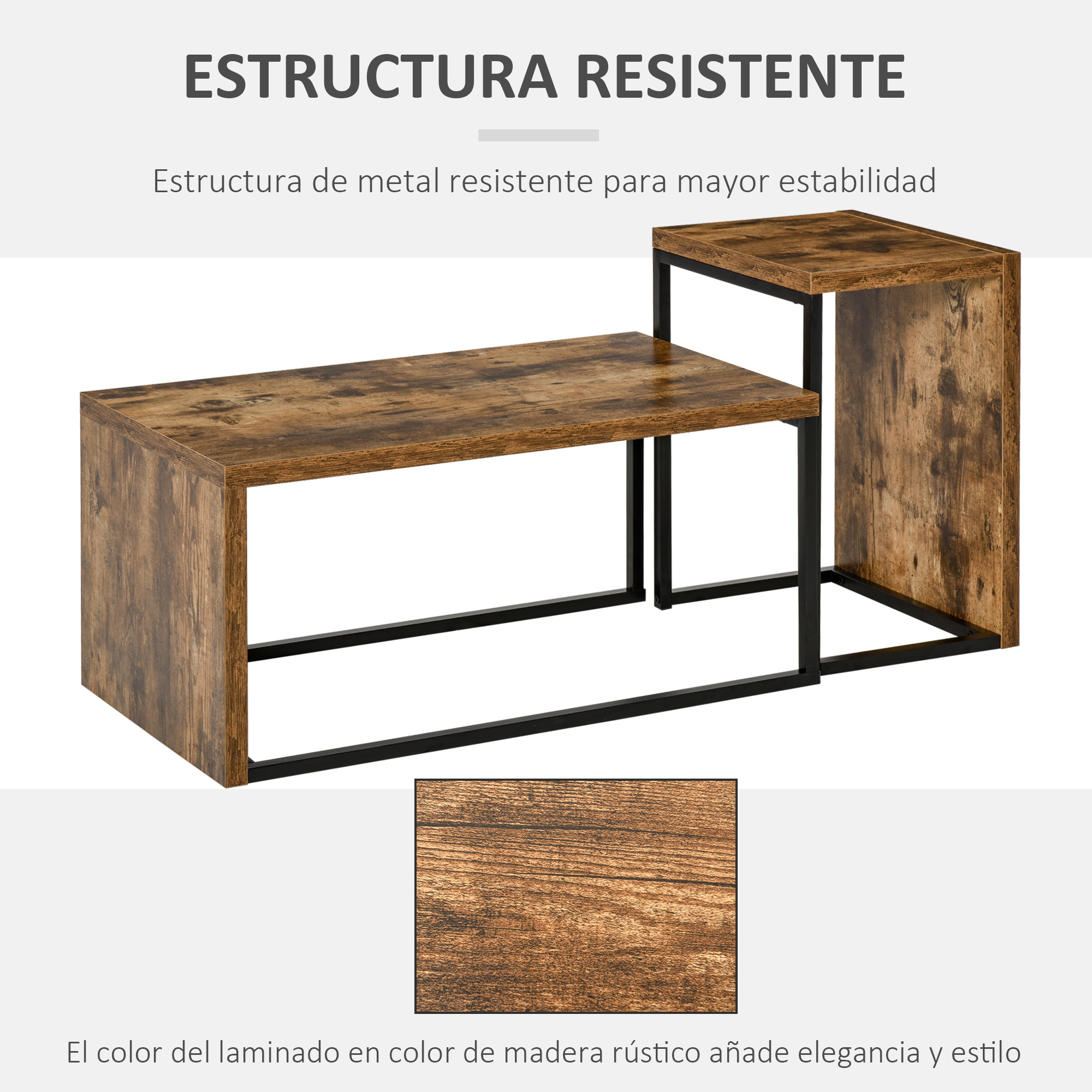 Dos mesas de centro de madera marrón con marcos de metal negro sobre fondo blanco.