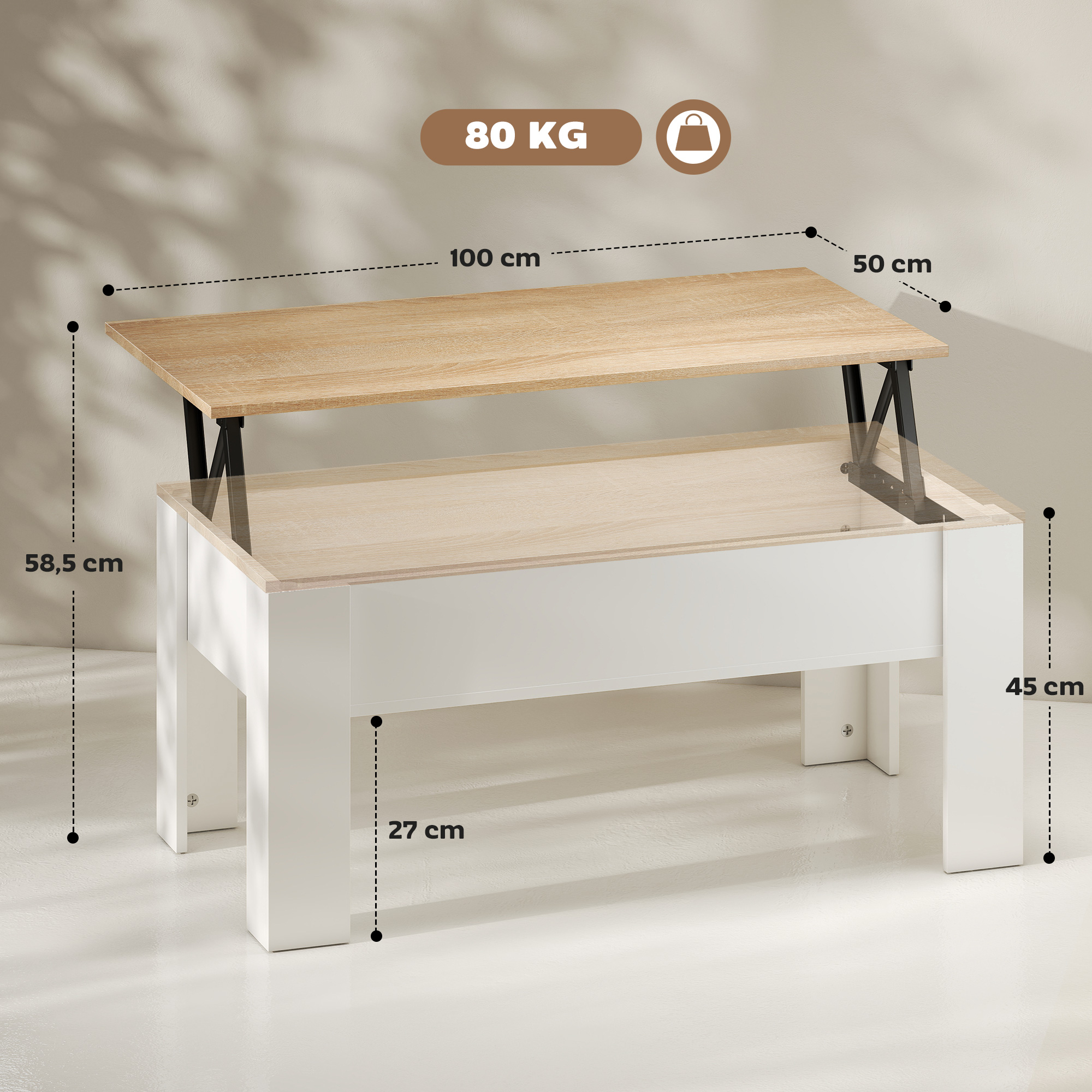 Mesa elevable de centro con superficie de madera y base blanca. Dimensiones 100x50x45/58,5cm.