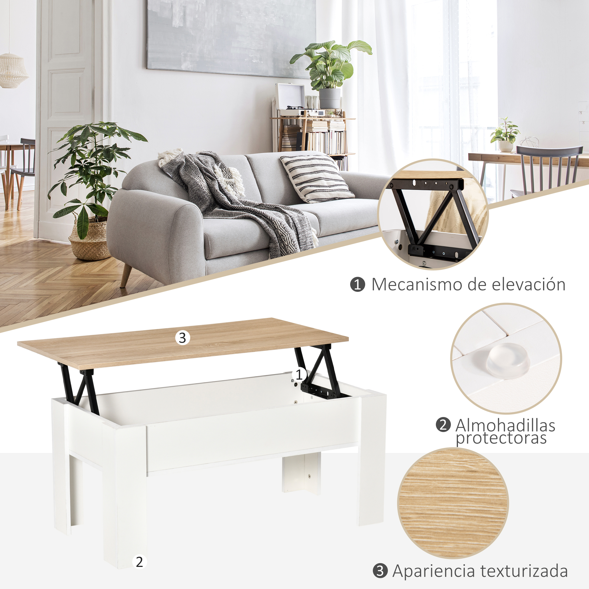 Una mesa de centro elevable con tapa de madera y base blanca.