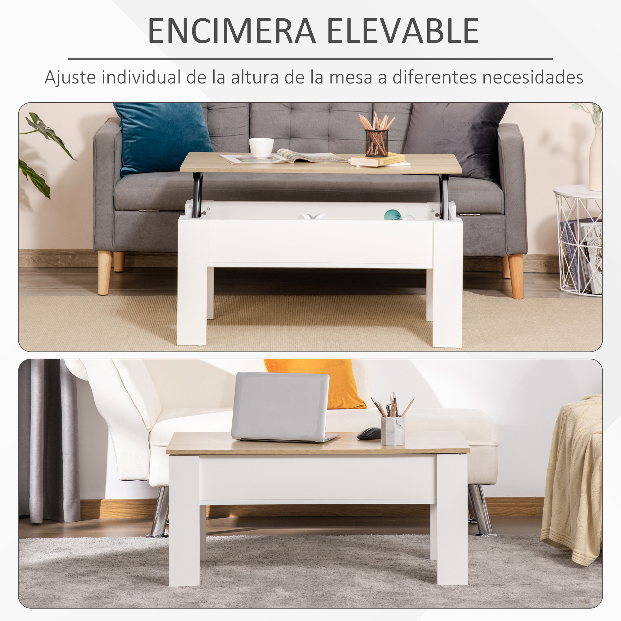 Mesa de centro elevable en posición elevada y bajada con portátil.