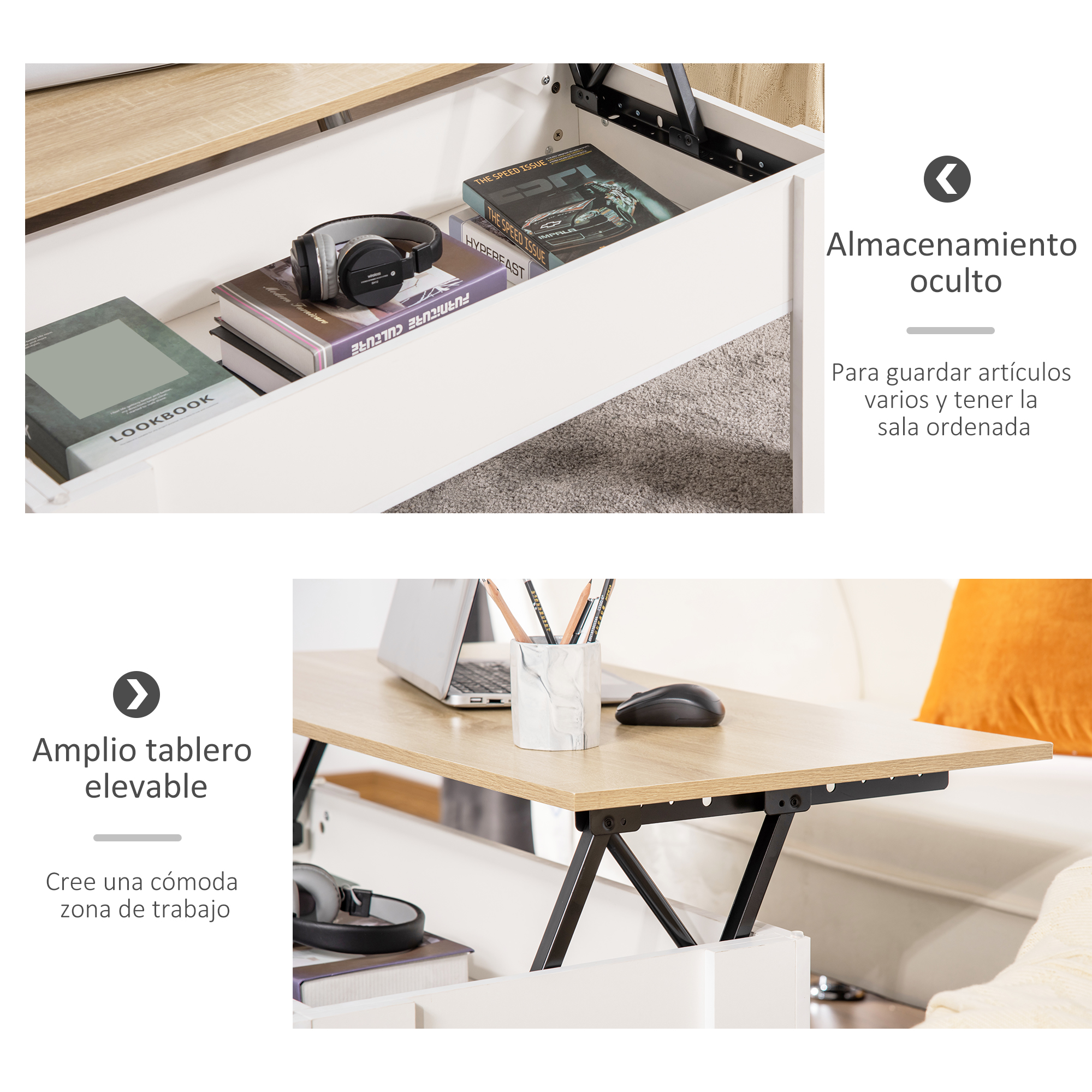 Mesa de centro elevable con almacenamiento oculto, auriculares y libros.