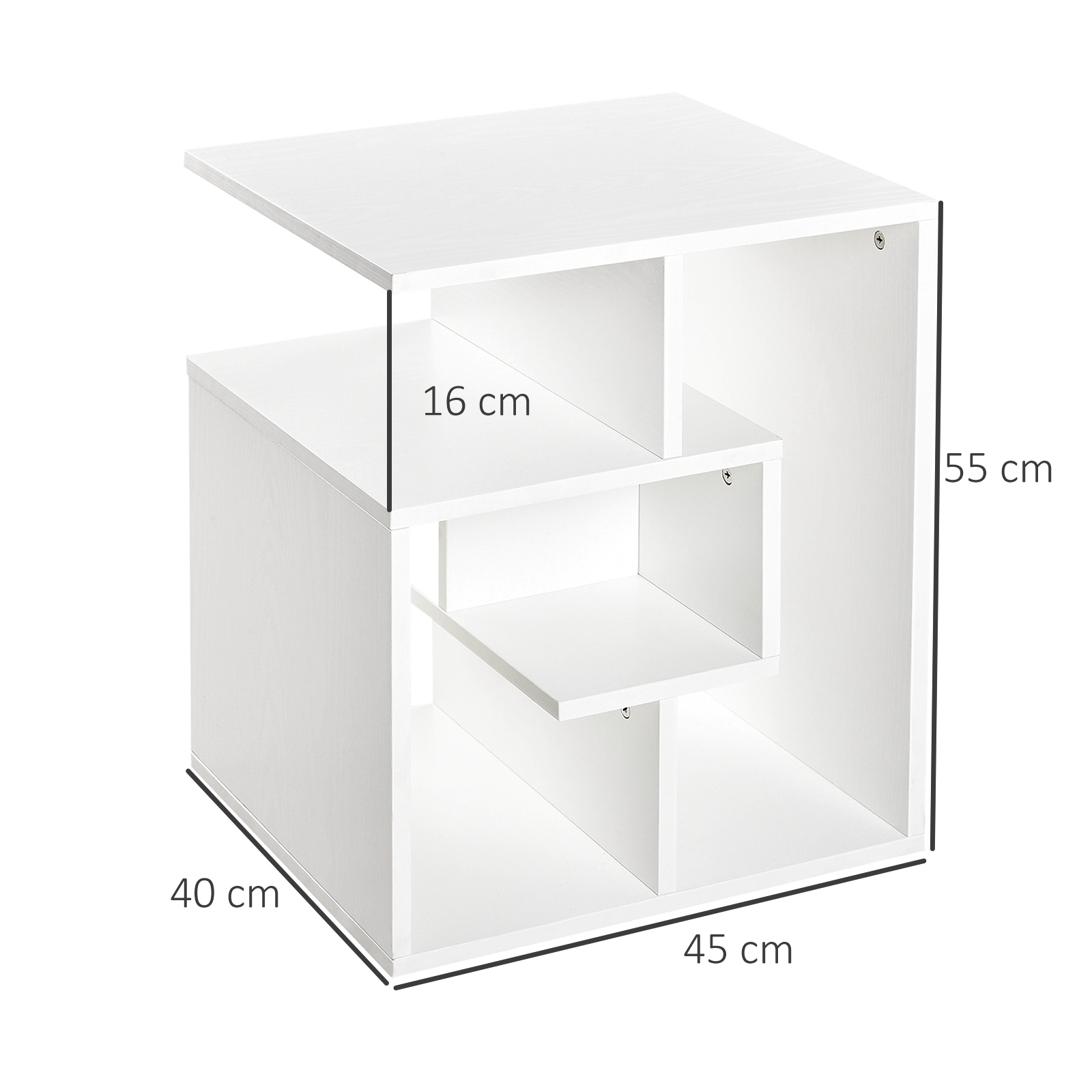 Un estante blanco de varios compartimentos con dimensiones marcadas: 40cm, 45cm, 55cm y 16cm.