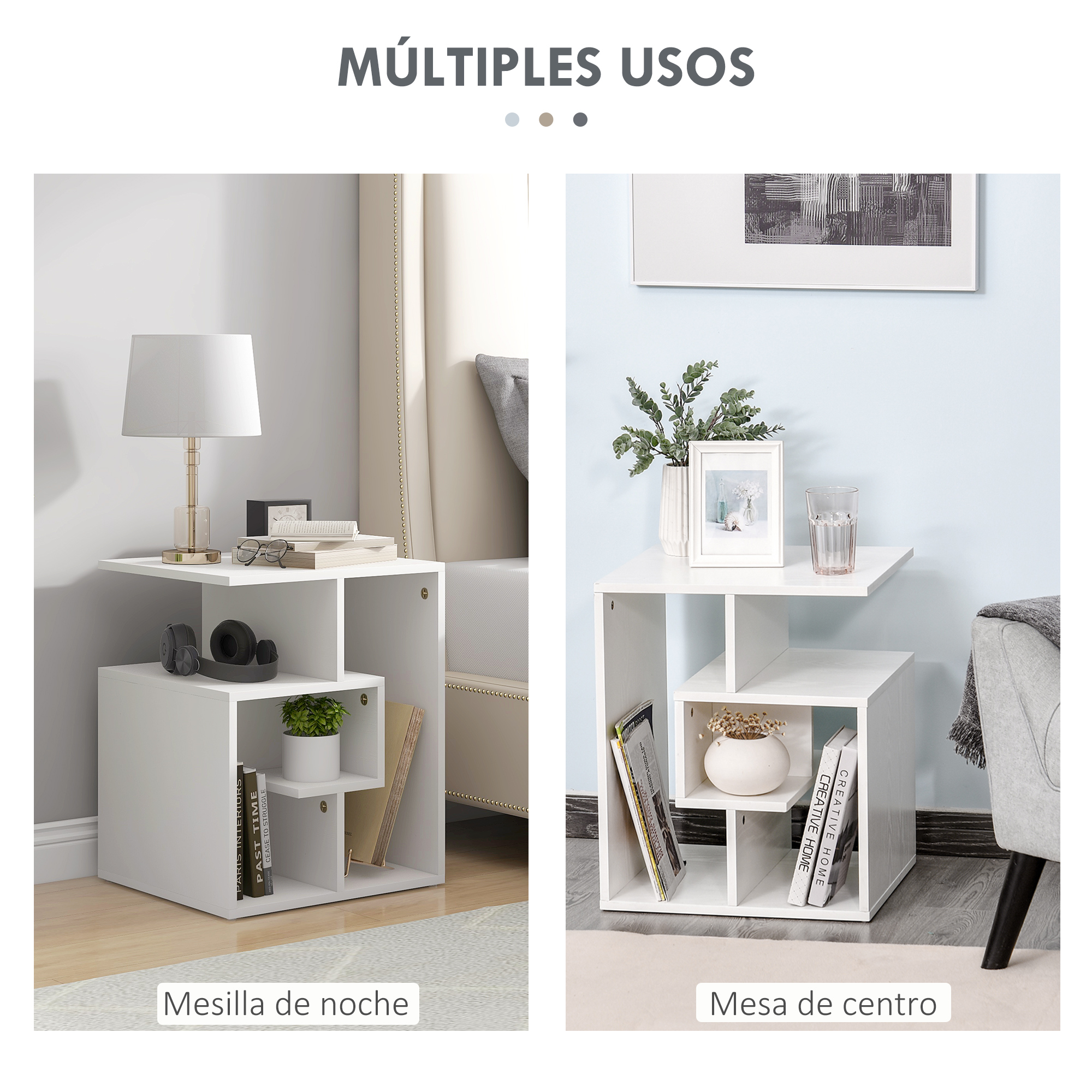 Dos mesitas blancas con libros, lámpara, auriculares y planta.