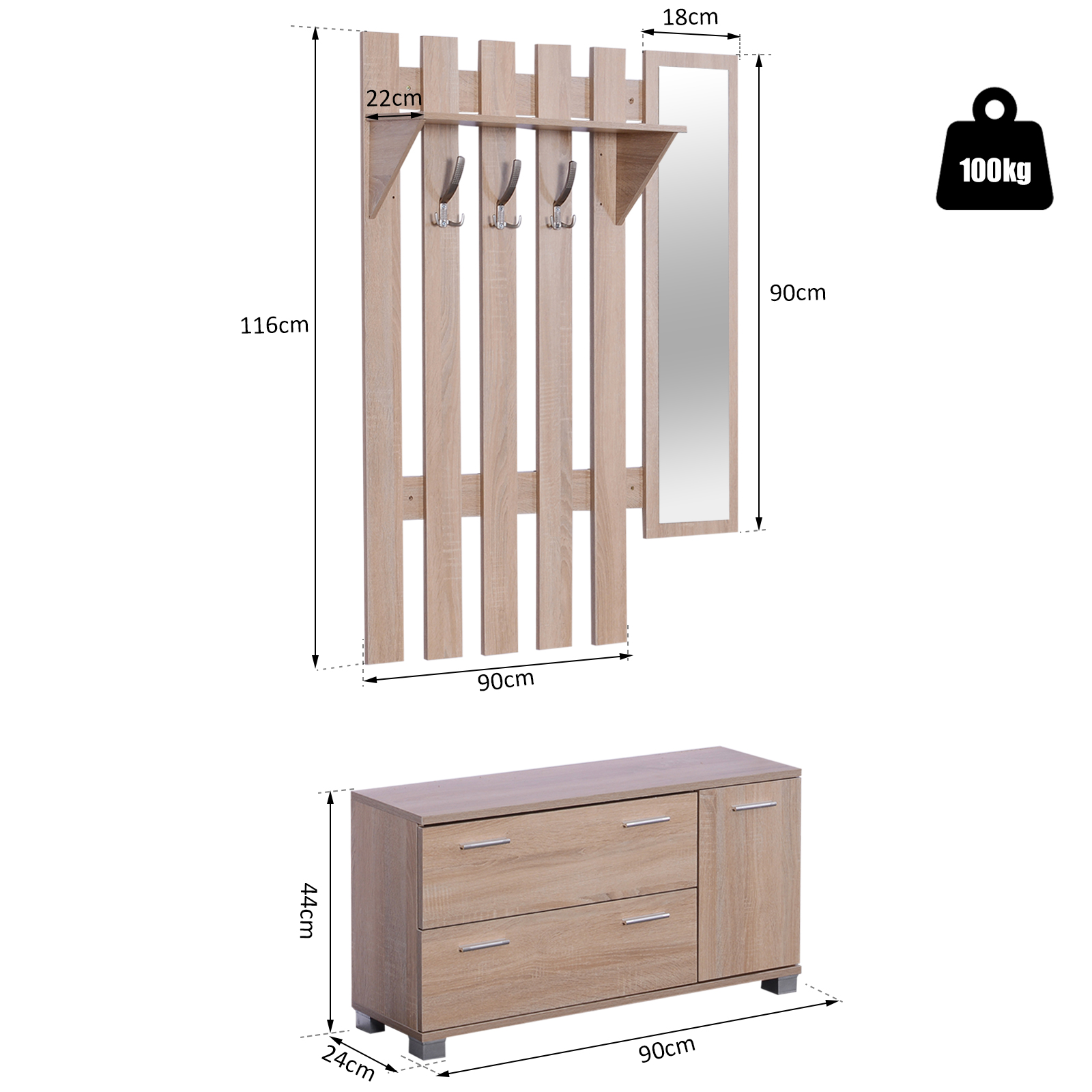 Panel de armario de madera con espejo y ganchos, y cómoda con cajones y puerta.