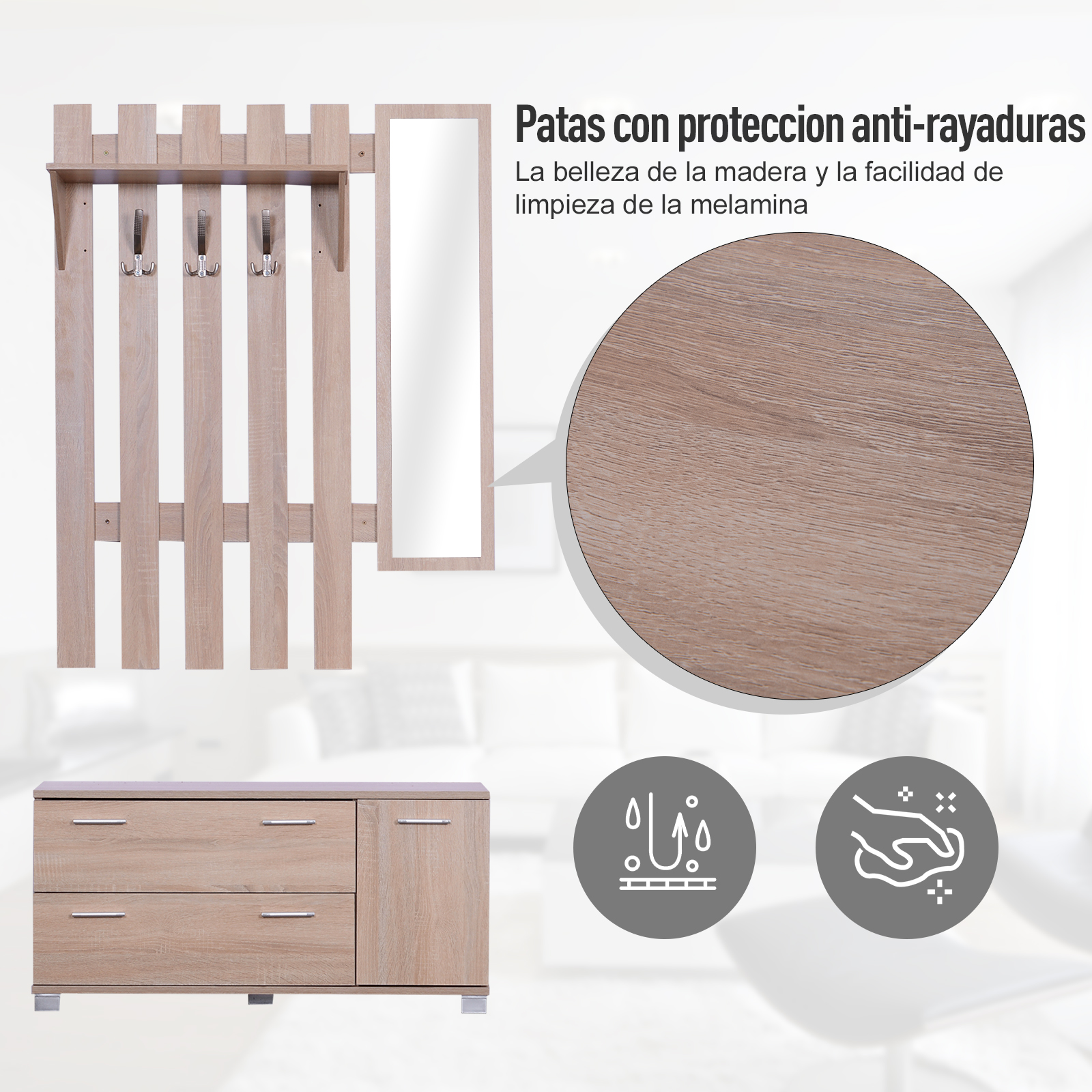Perchero de madera con espejo y cómoda, primer plano de la veta de la madera.