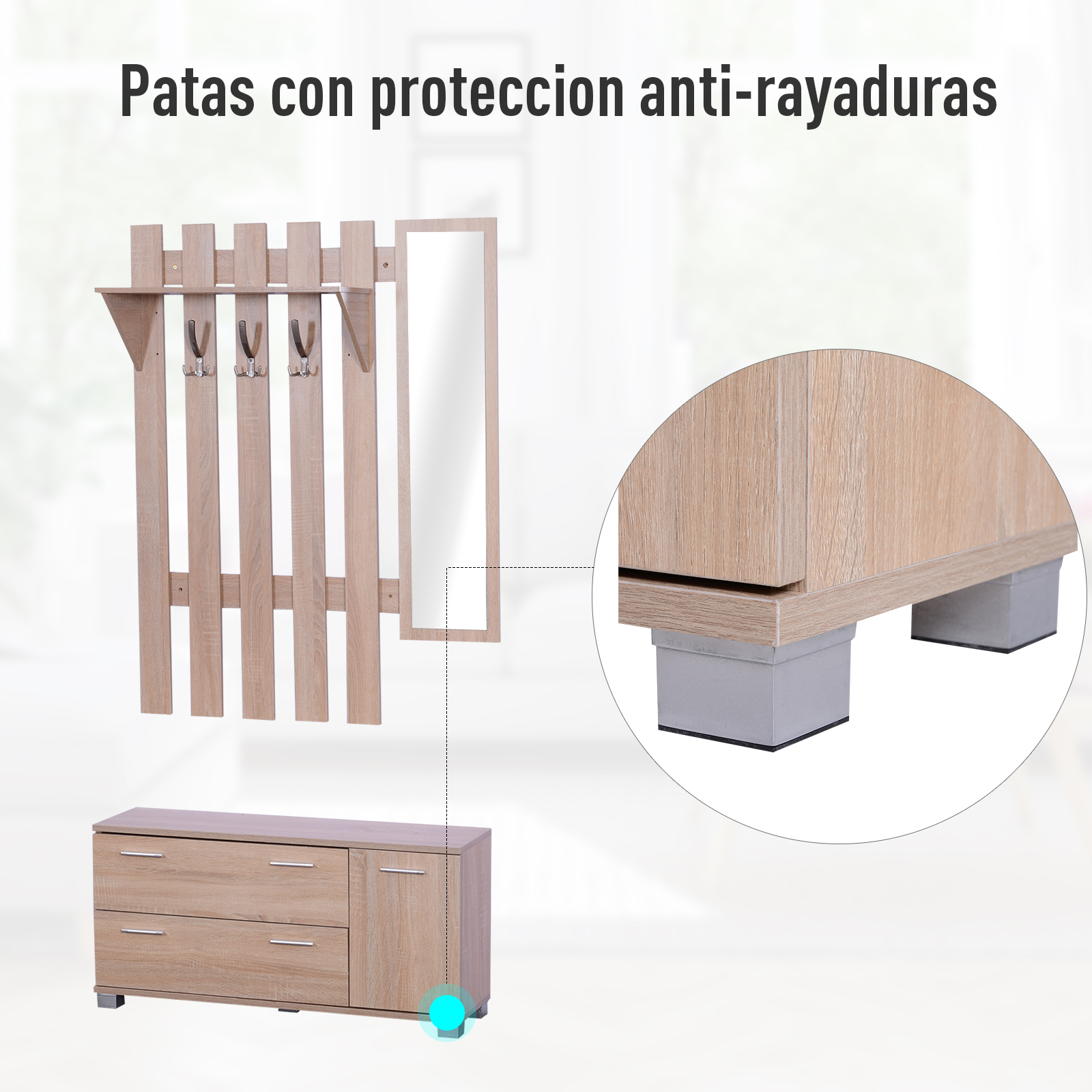Perchero de madera con espejo y zapatero, patas resaltadas.