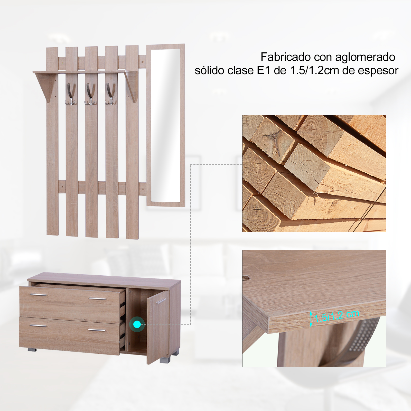 Perchero de madera con espejo, cómoda, pila de madera y primer plano.